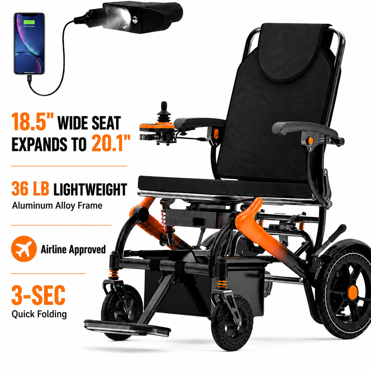 36LB Lightweight Foldable Electric Wheelchair 500W 350LB 18.5\