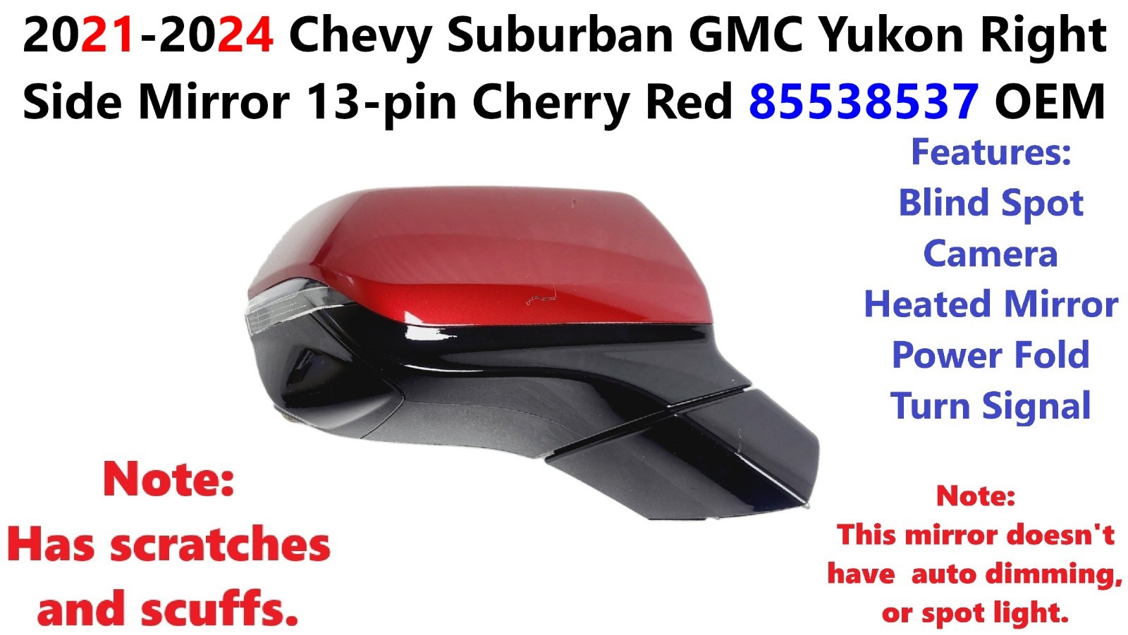 Side Mirror 2021 -24 Chevy Suburban GMC Yukon Right 13-pin Cherry Red 85538537