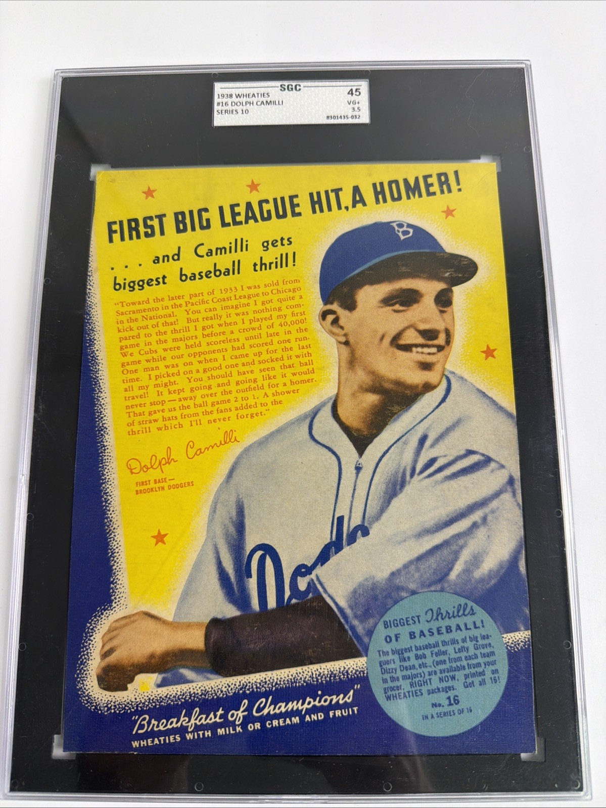 1938 Wheaties Card Panel Dolph Camilli Brooklyn Dodgers Pre War Graded  SGC 3.5