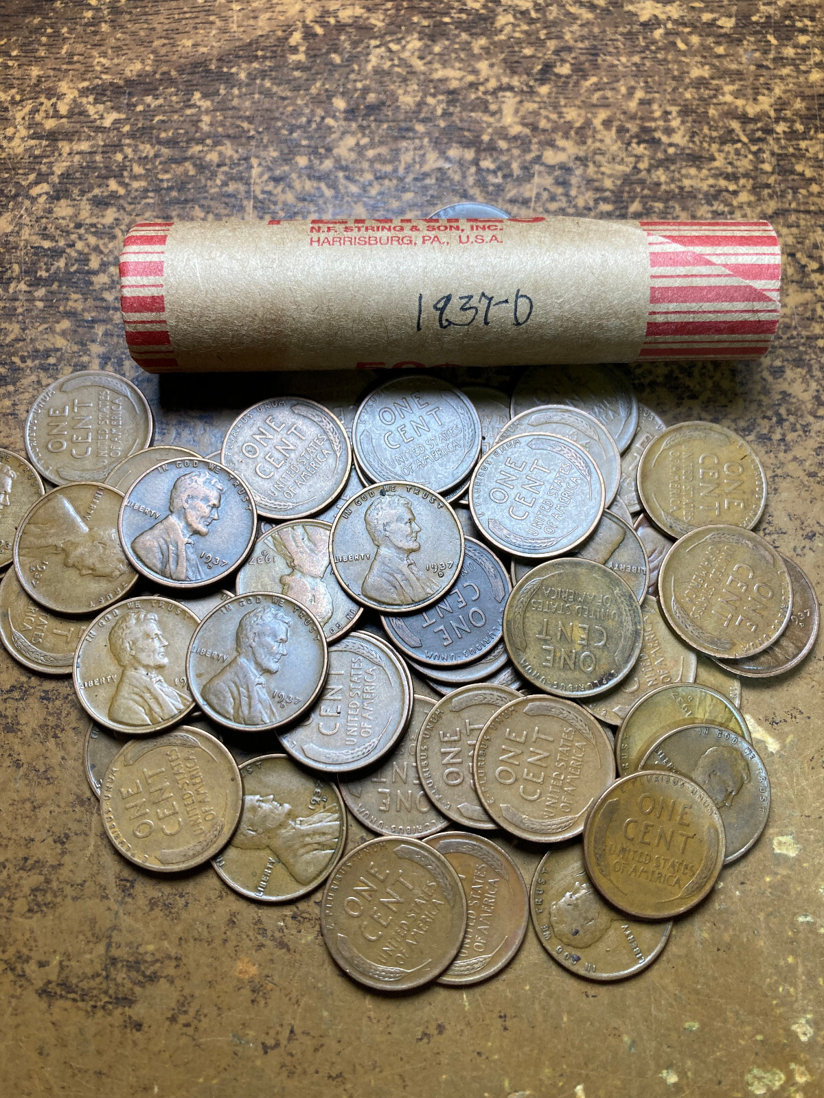 1937-D LINCOLN WHEAT CENT ROLL 50 coins Good to Fine Condition