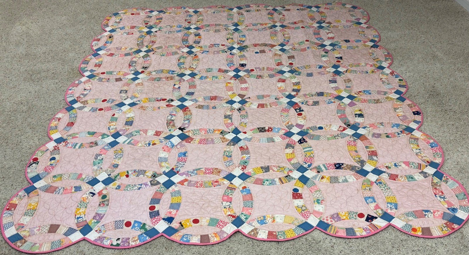 Vintage 1930s 1940s Double Wedding Ring Quilt Hand Stitched 87x76 Pink