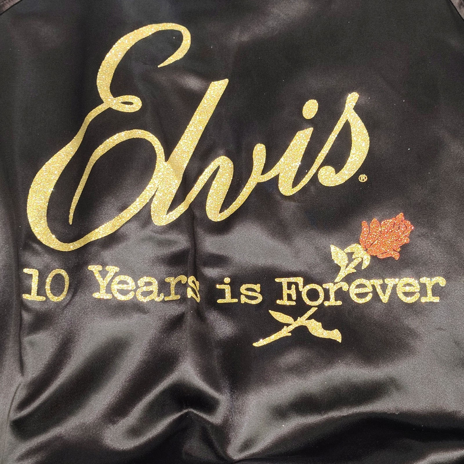 VTG Men\'s Black & Gold Elvis 10 Years is Forever Embroidered Bomber Jacket L NWT