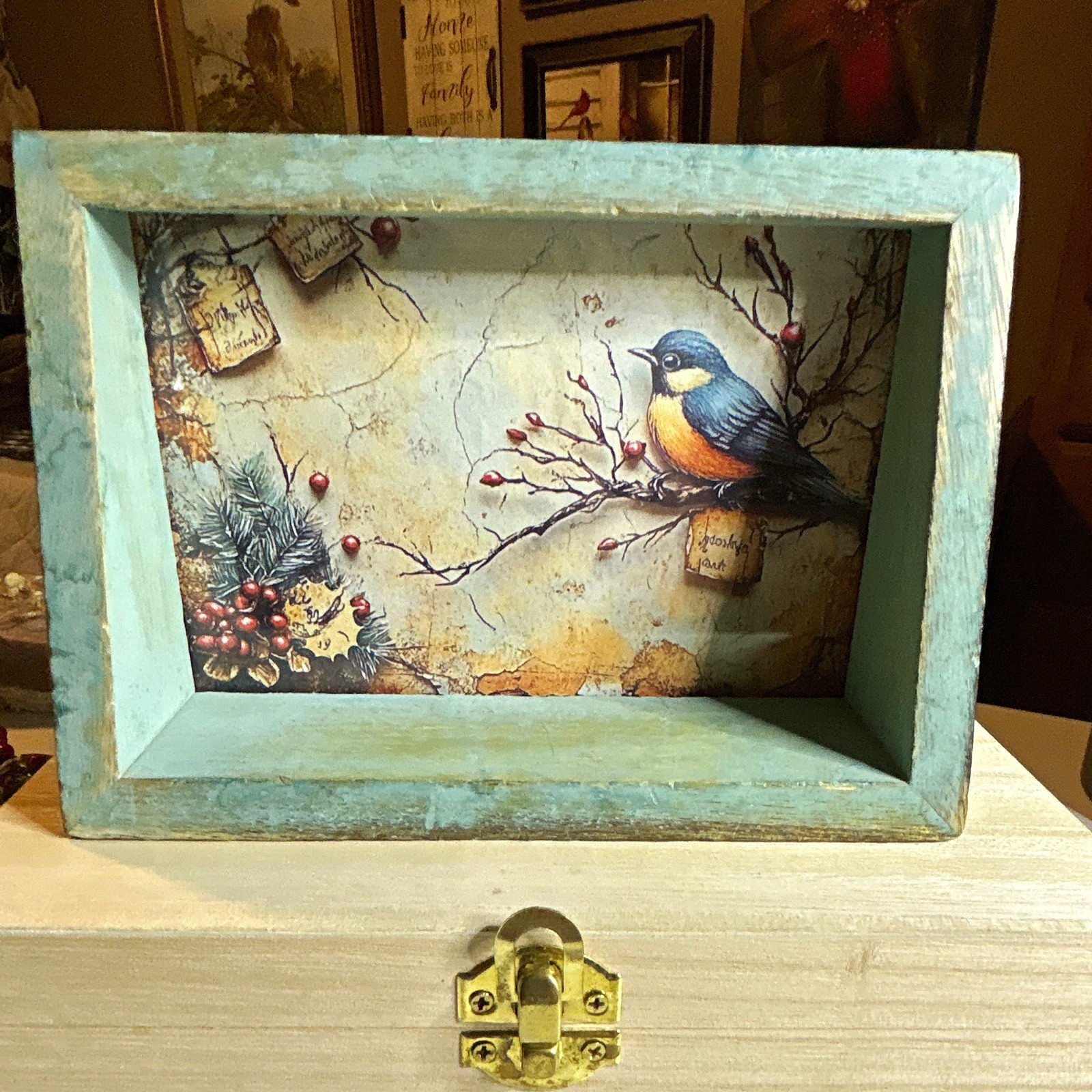 Green Wood & Metal Farmhouse Framed Eastern Bluebird Photo Free Standing 10x5x6 Green Wood & Metal Farmhouse Framed Eastern Bluebird Photo Free Standing 10x5x6