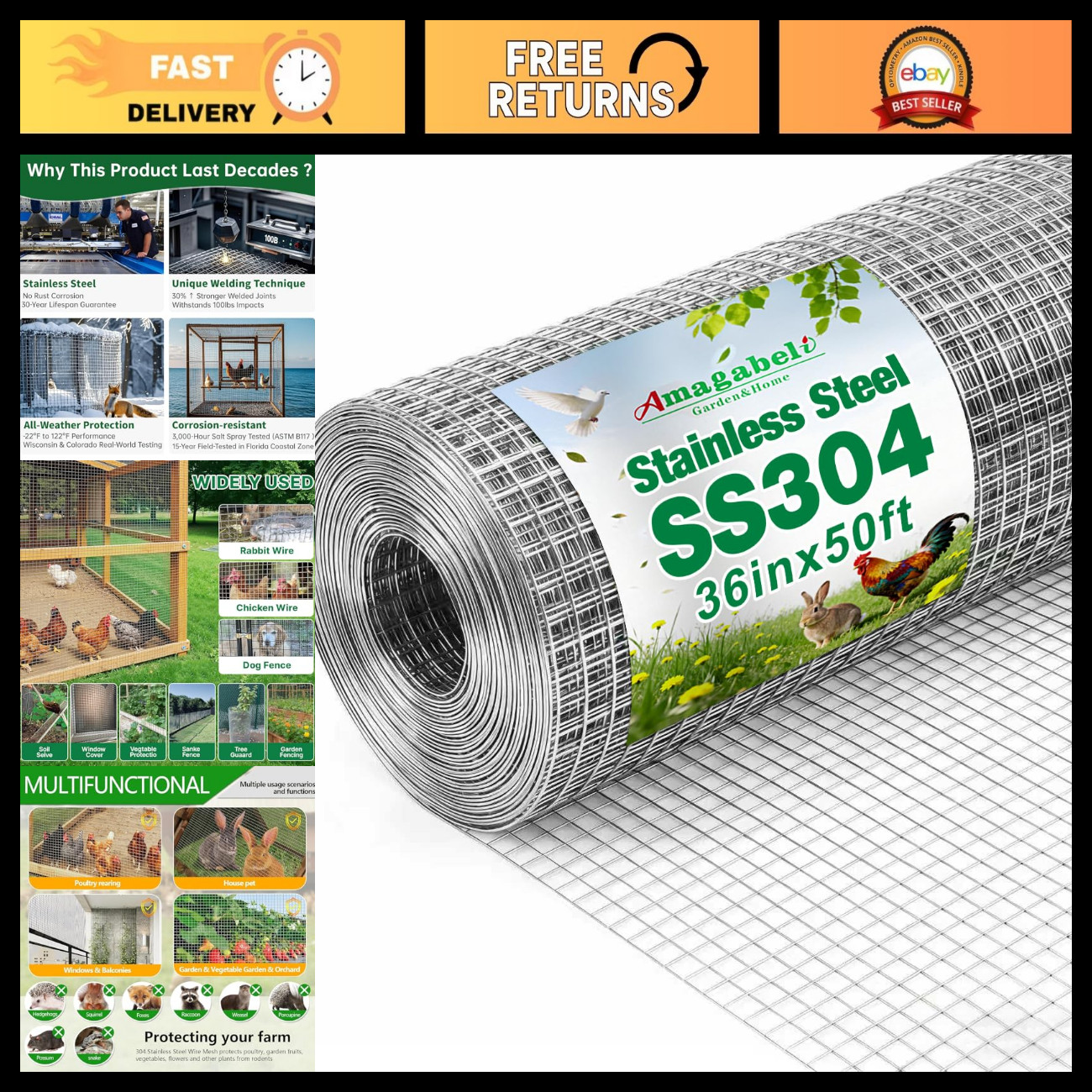 Amagabeli 36inch x 50ft SS304 Stainless Steel Welded Wire Mesh 1/2 inch Square H