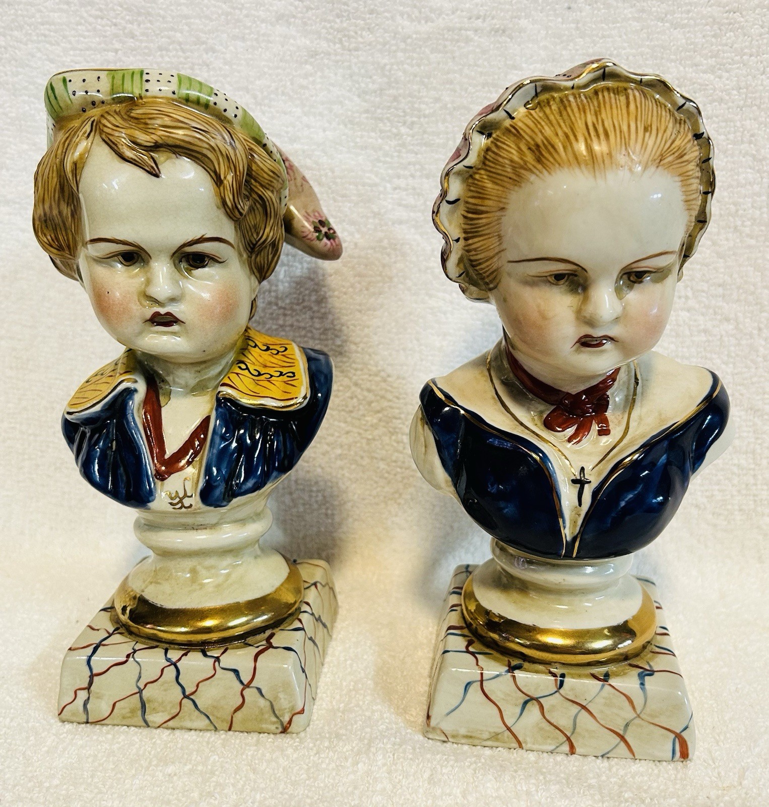 Antique Victorian Era Staffordshire Bourbon Children Bust Statues RARE