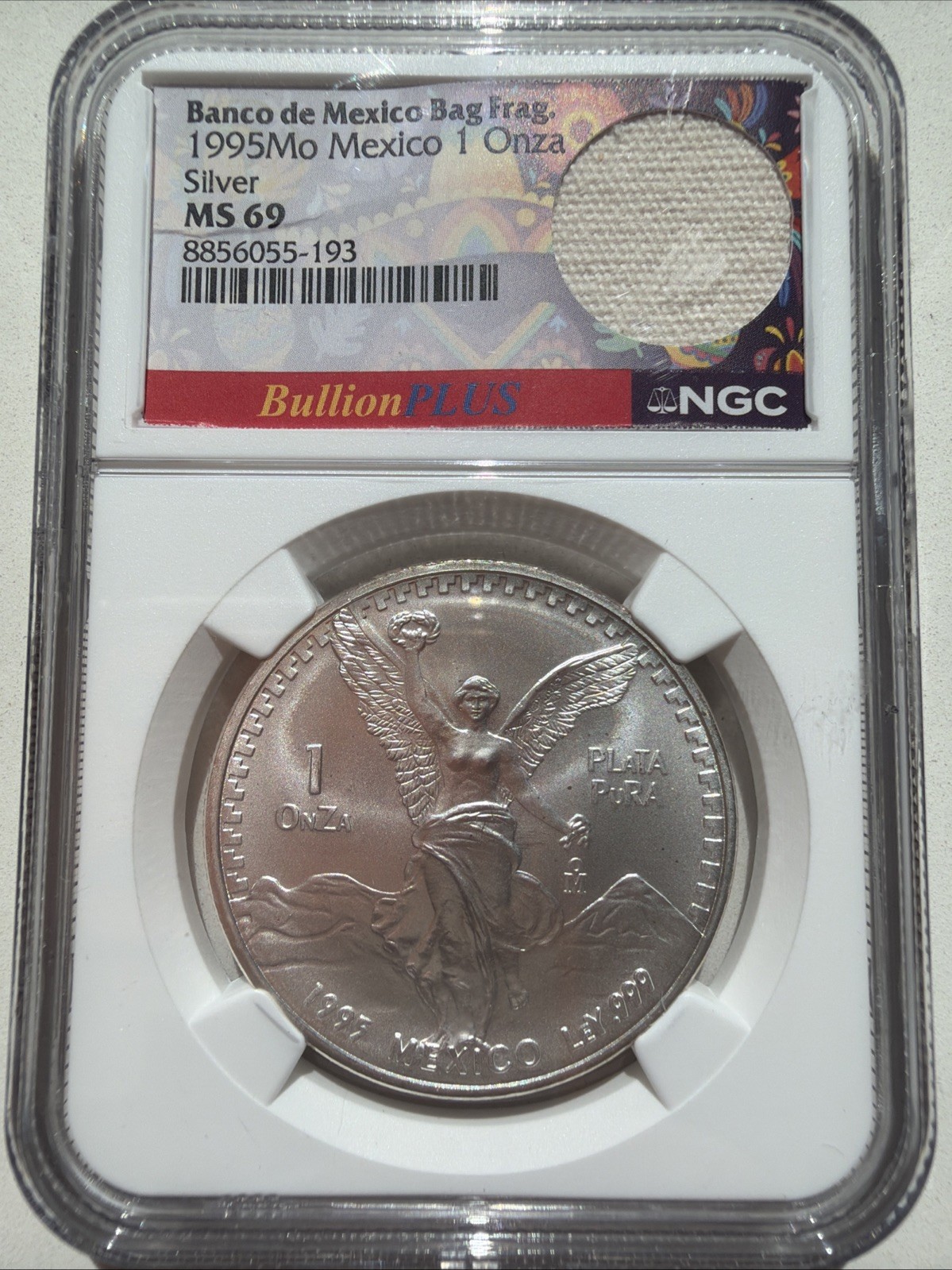 1995 Banco de Mexico Bag Fragment Silver Una Onza PCGS MS69