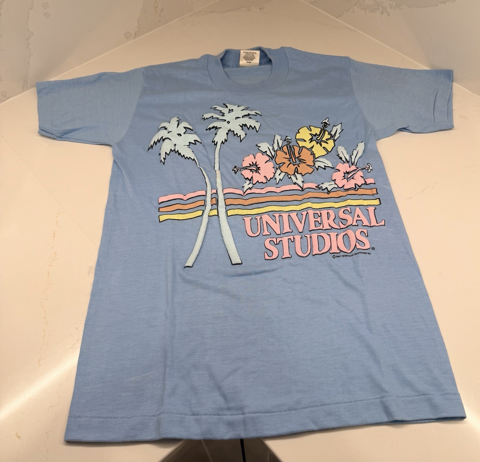 Vtg 1987 Universal Studios Puff Print Shirt Neon Palm Trees Single Stitch S