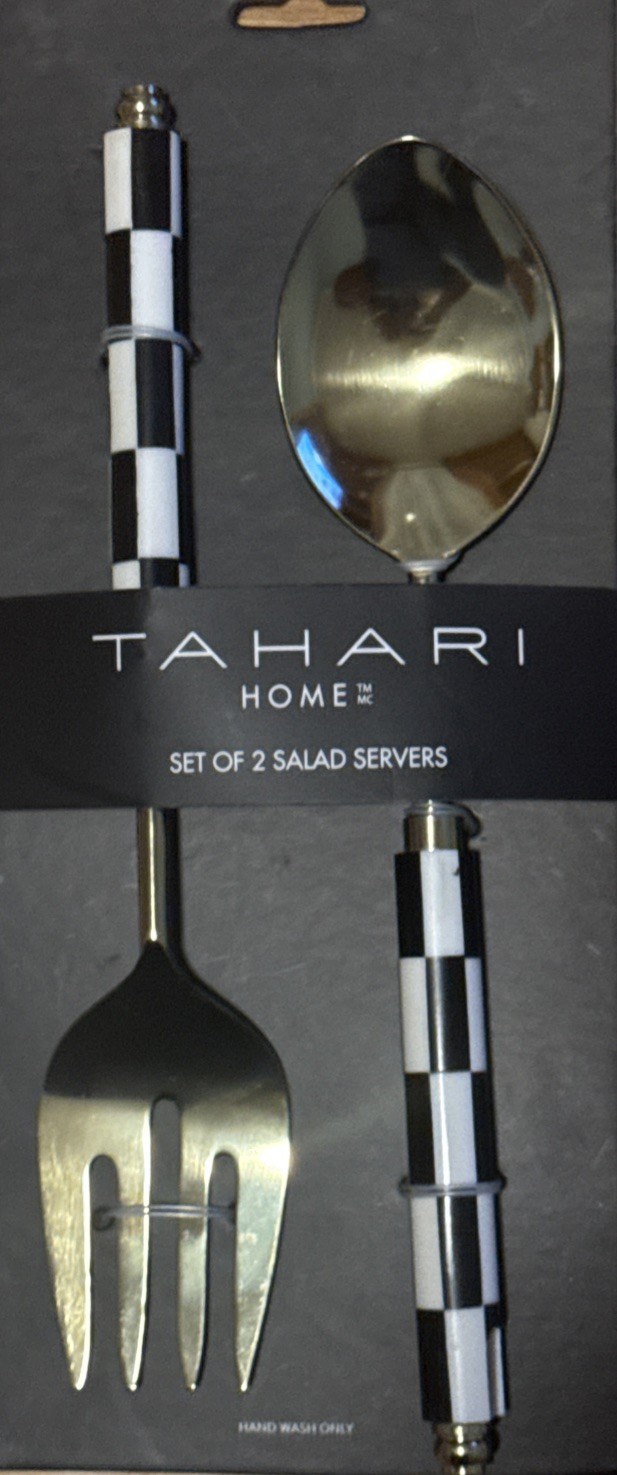Tahari Home Kitchen Black White Gold Checkered Salad Serving Set Spoon Fork New 