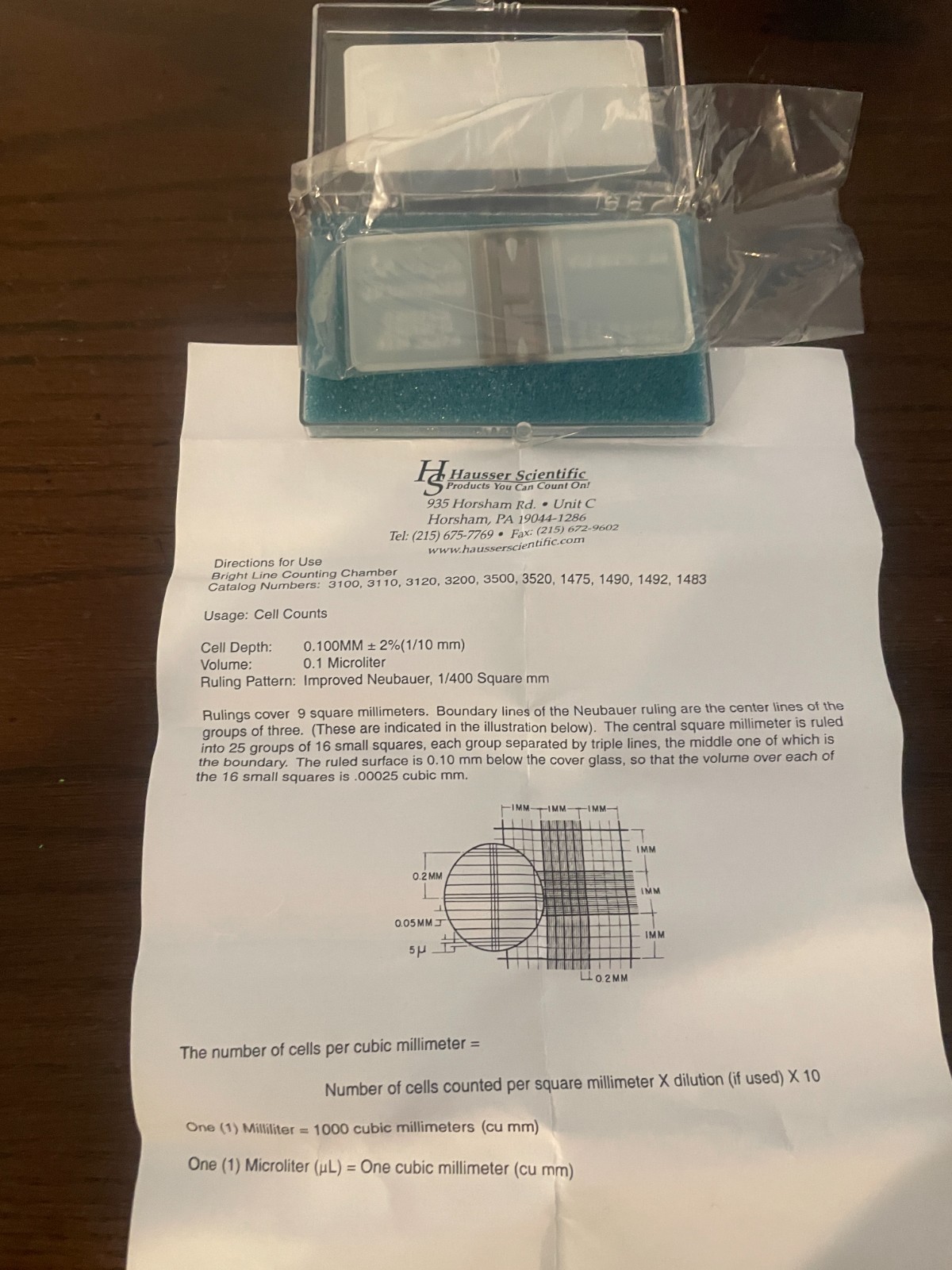 Bright-Line Hemacytometer, Improved Neubauer 0.1 mm deep Hausser 1492   