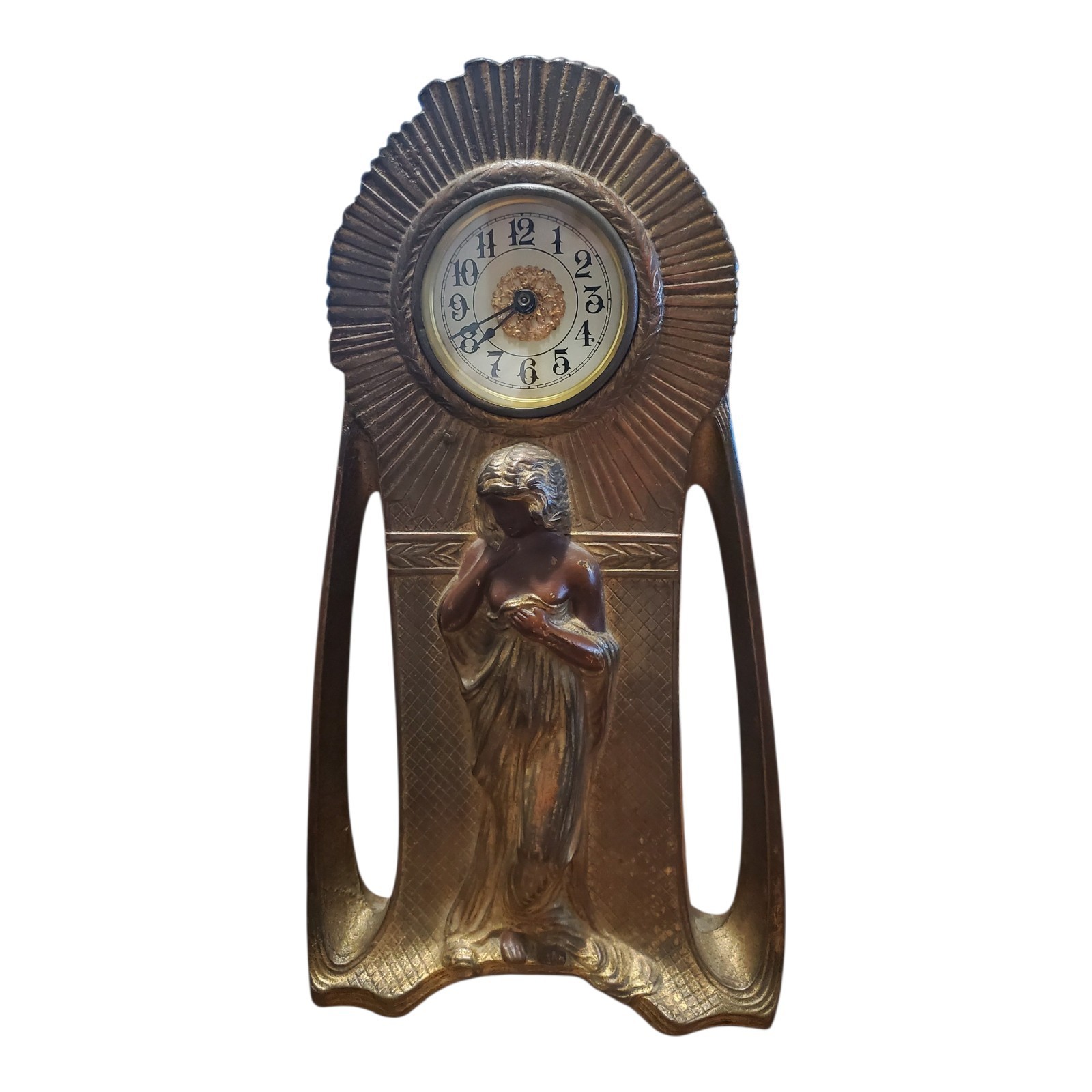 Antique c1900's Ansonia Art Nouveau Bronze Mantle Statue Clock Working & Ticking