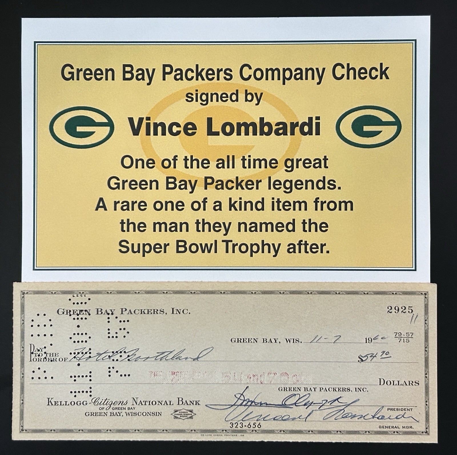 Original Vince Lombardi Signed  Green Bay Packers Check 1960 Hotel Northland