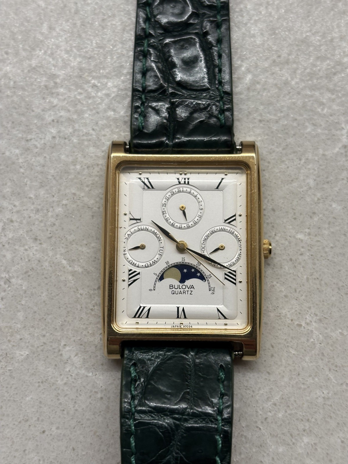 Rare vintage tank Bulova T1 moon phase triple calendar quartz Rare vintage tank Bulova T1 moon phase triple calendar quartz