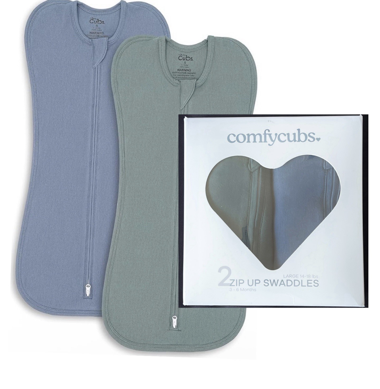 2 Comfycubs Zip Up Swaddles Large 14-18 Lbs 3-6 Mth Blue & Green NEW IN BOX