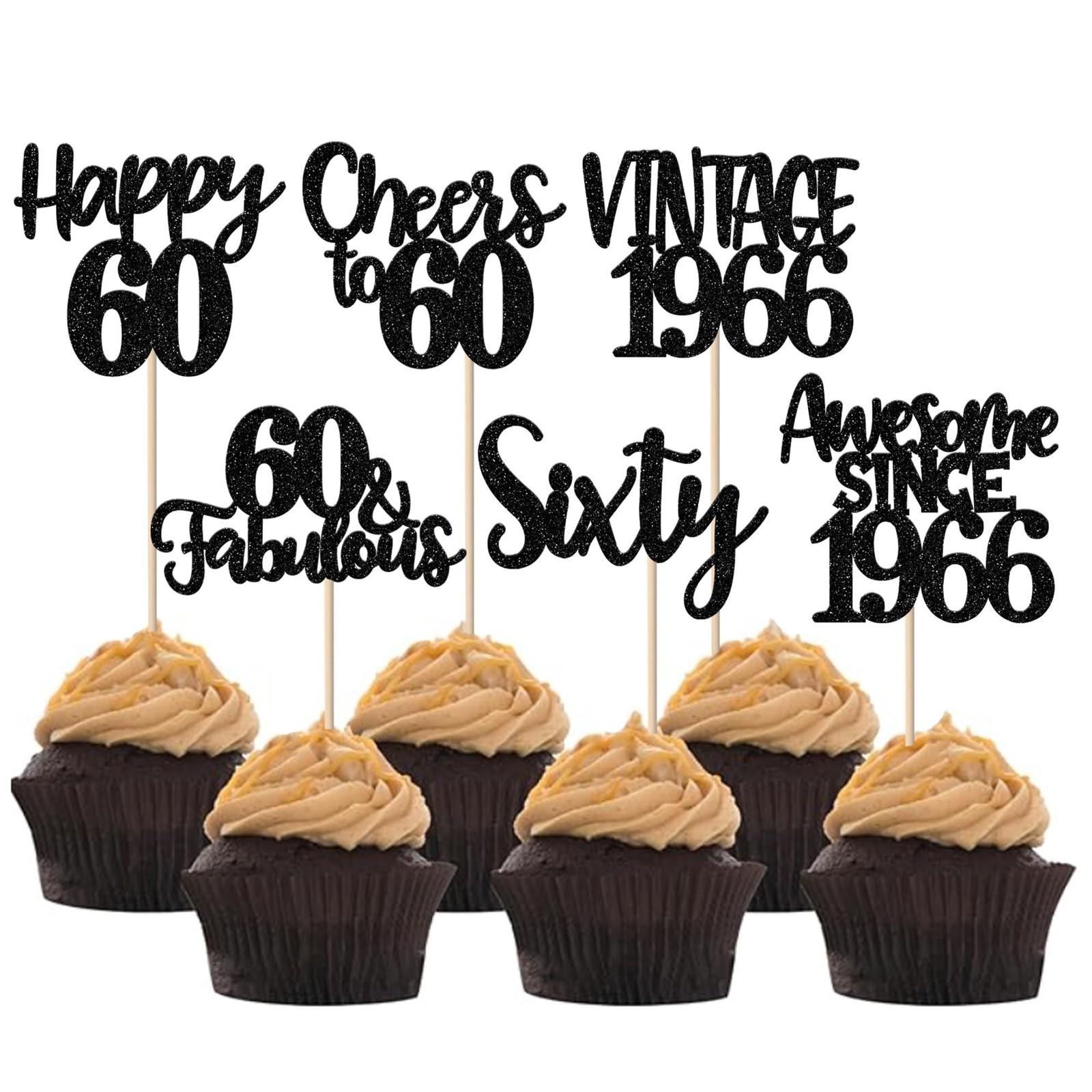 Rsstarxi 24 Pack Vintage 1966 Cupcake Toppers Black Glitter Happy 60th Birthd...