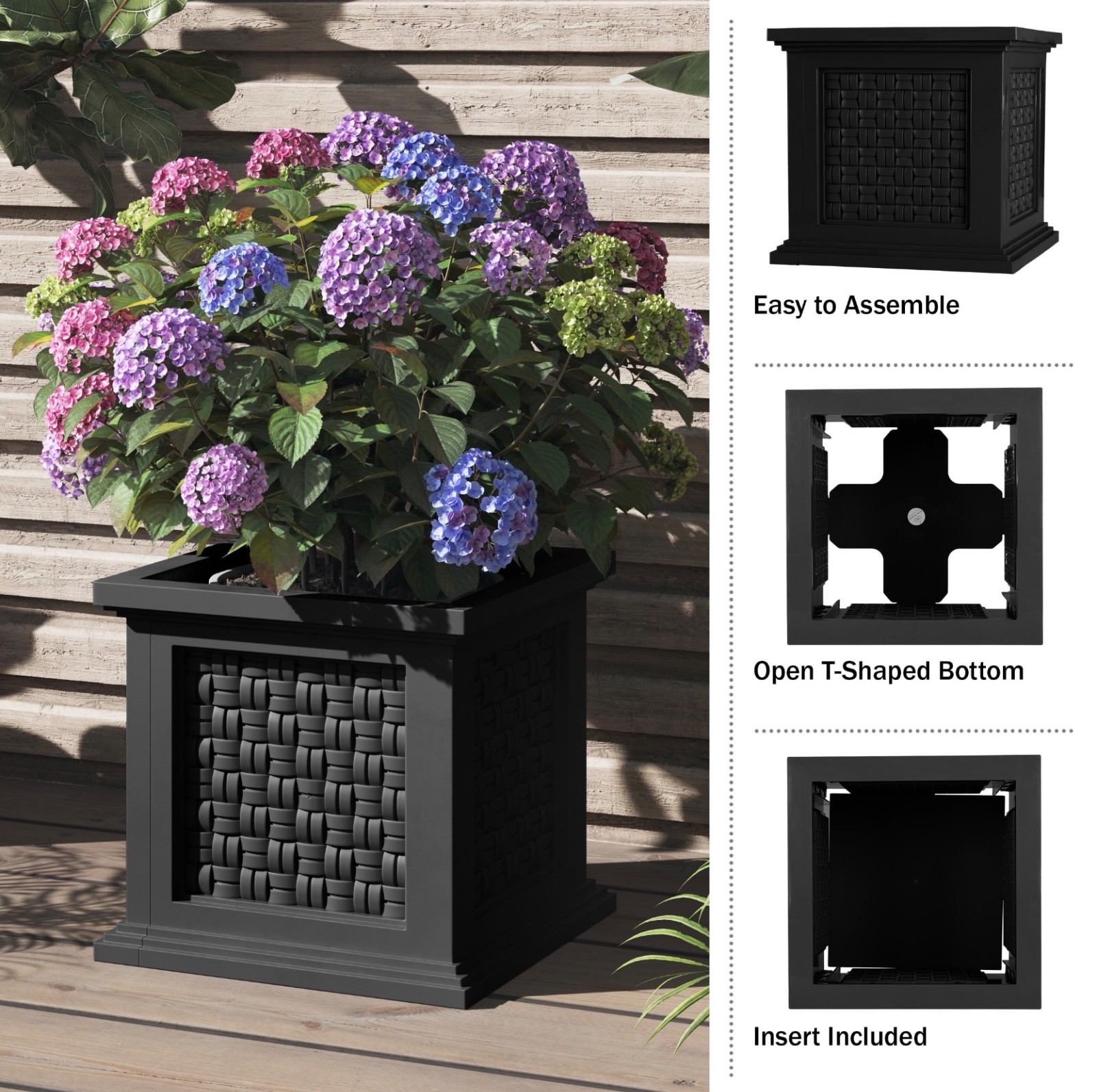 Pure Garden 14.75” Square Lattice Planter Box Outdoor Patio Flower Pot Black