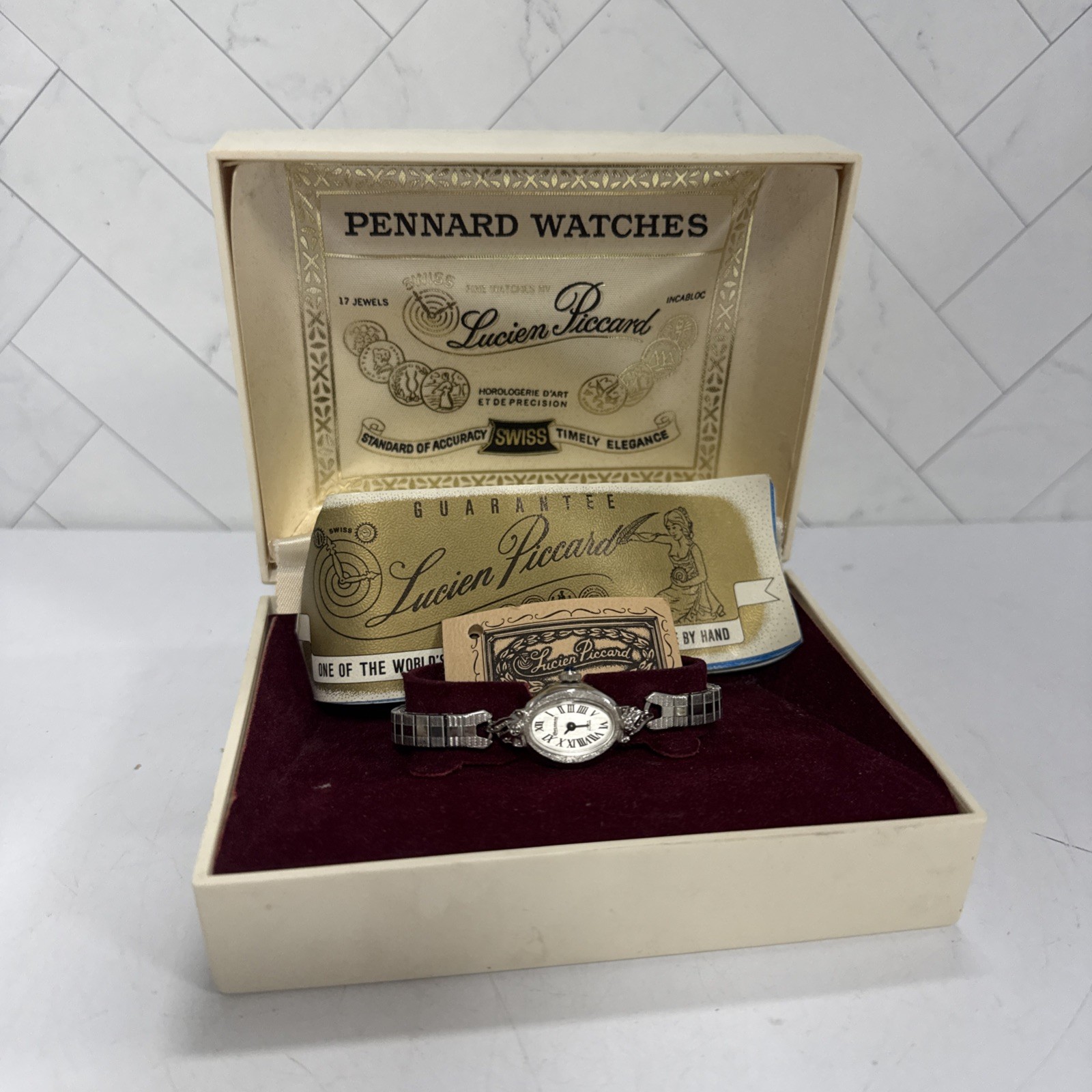 Vintage Lucien Piccard Pennard Diamond Watch Sapphire Crown Swiss Box