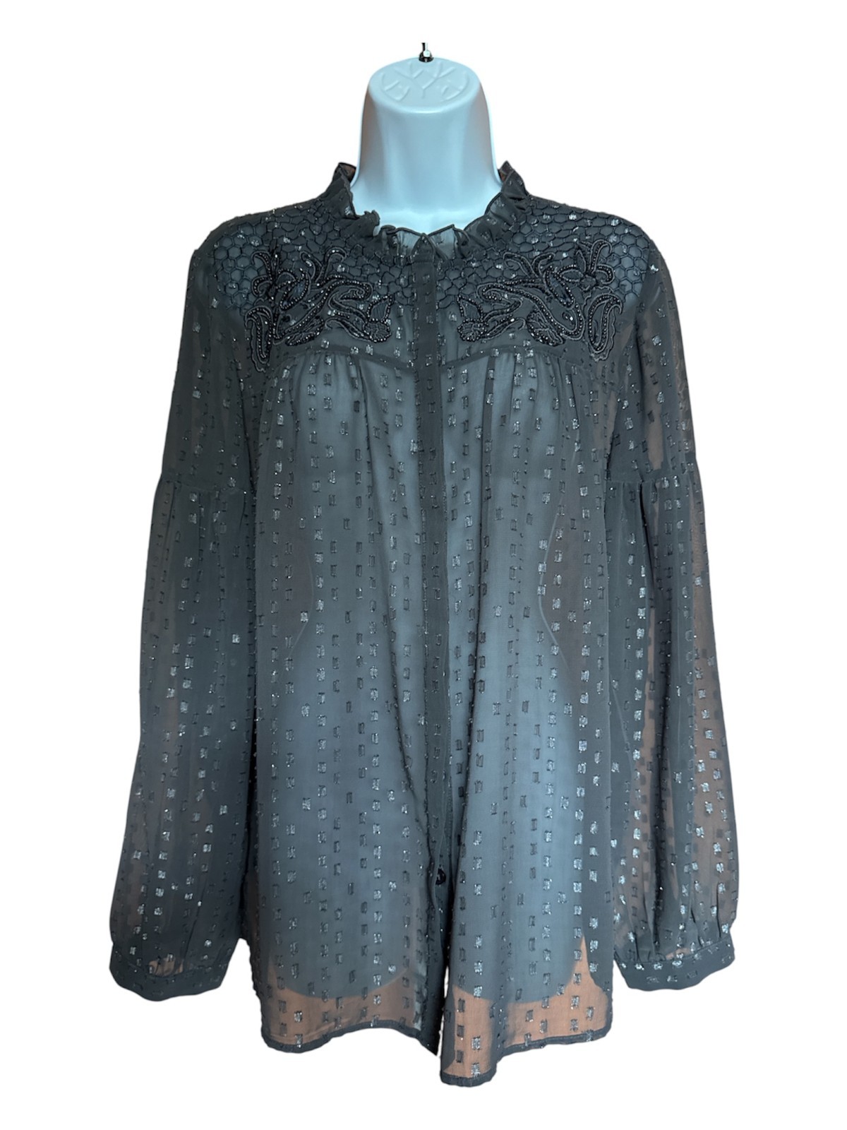 Chico\'s Gray Semi-Sheer Embroidered Beaded Blouse Metallic Dot Size 2/ Large