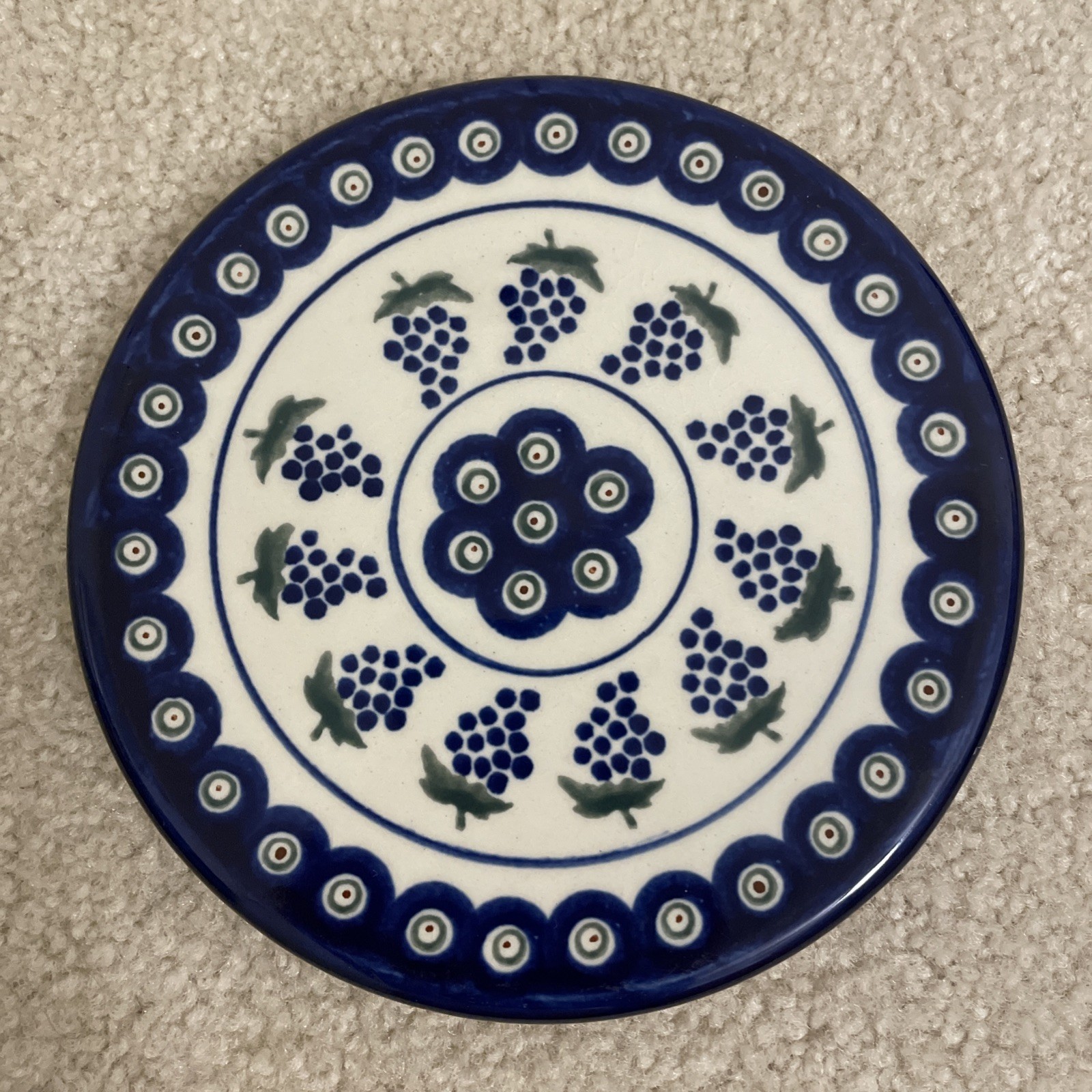 NEW Boleslawiec Polish Pottery Peacock Grapes Pattern 6.5” Trivet NEW Boleslawiec Polish Pottery Peacock Grapes Pattern 6.5” Trivet