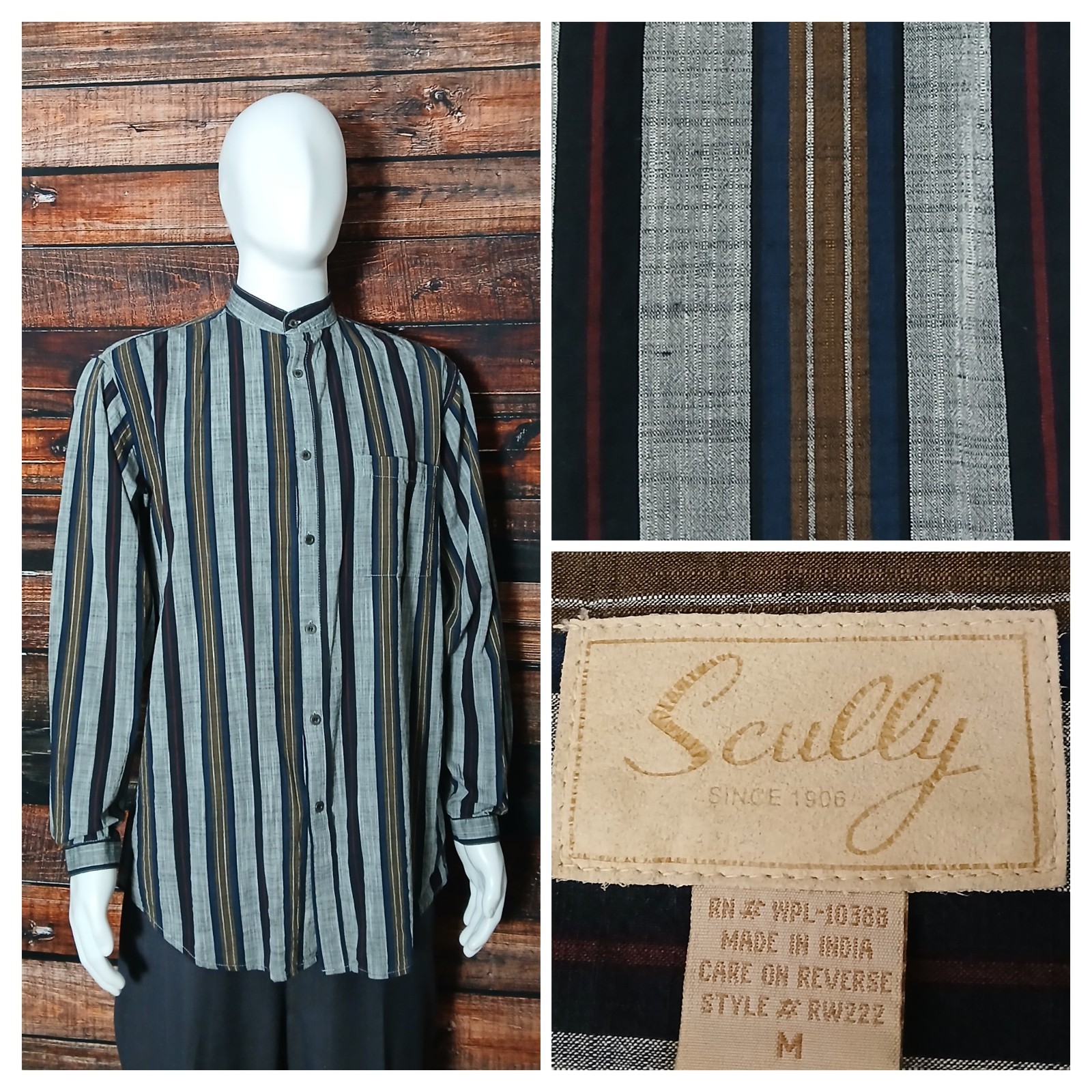 Scully Rangewear Shirt Medium Western Button Front Cotton Striped Banded Collar Scully Rangewear Shirt Medium Western Button Front Cotton Striped Banded Collar