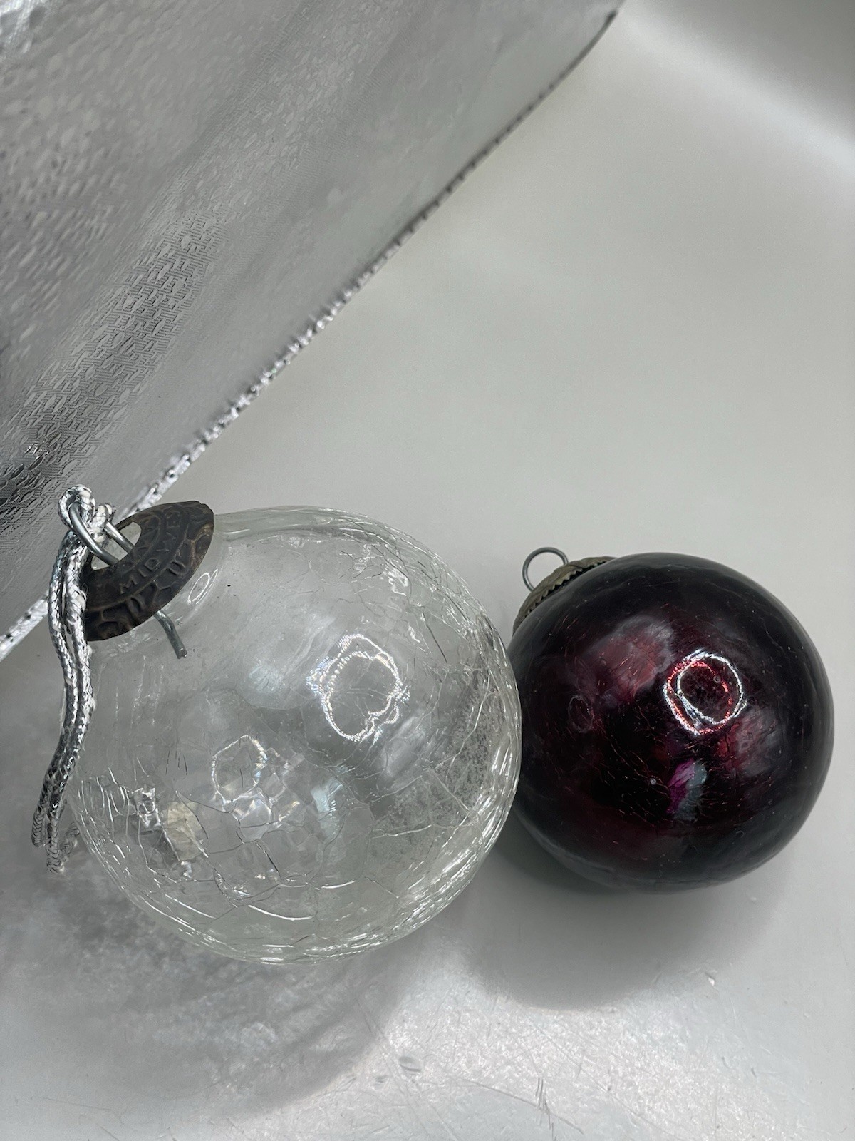 VTG Kugel Midwest Purple And Clear White Crackle Glass TWO Christmas Ornaments
