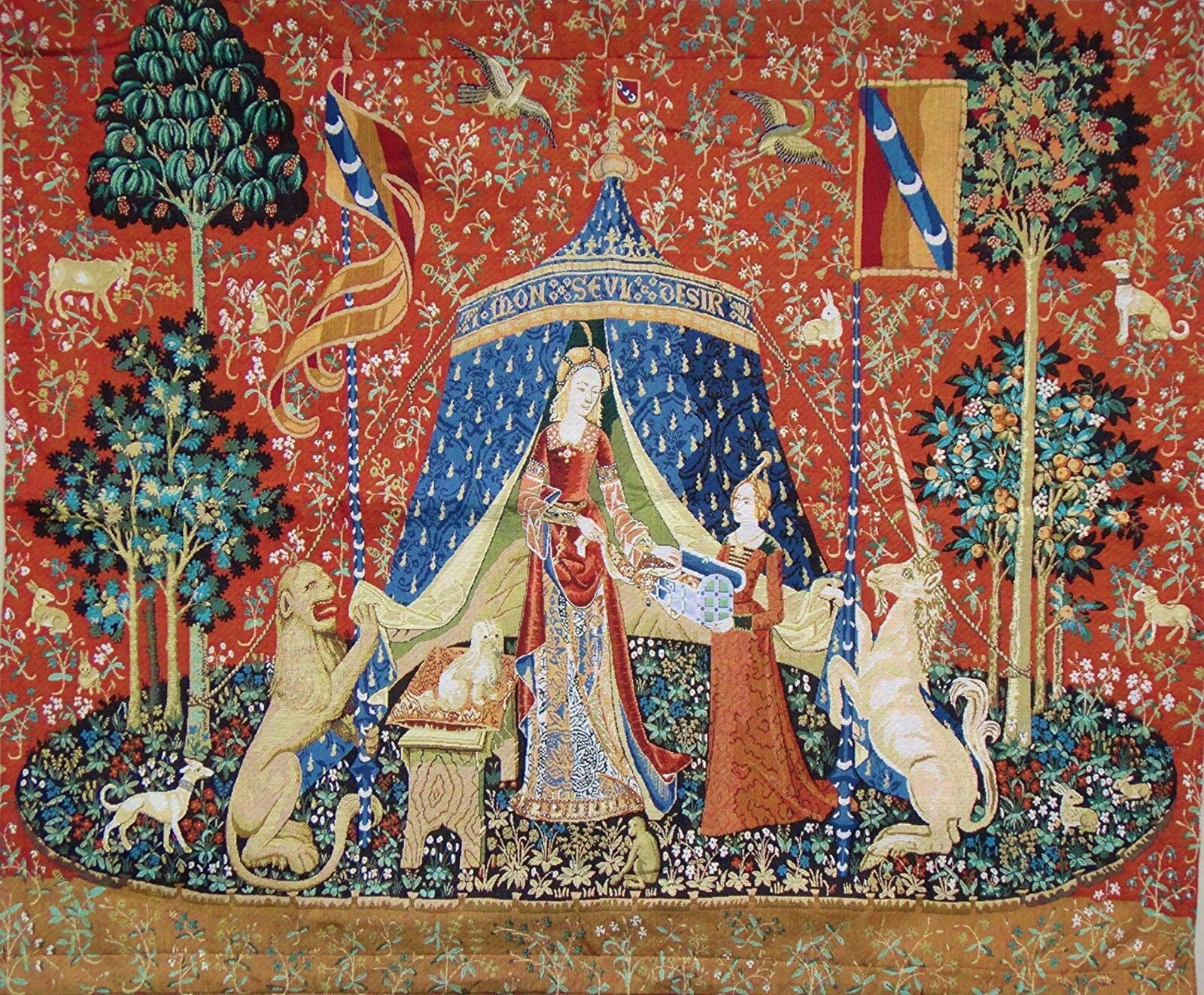DESIRE The Lady & Unicorn Medieval Tapestry 27x33 Wall Hanging Jacquard Weave DESIRE The Lady & Unicorn Medieval Tapestry 27x33 Wall Hanging Jacquard Weave