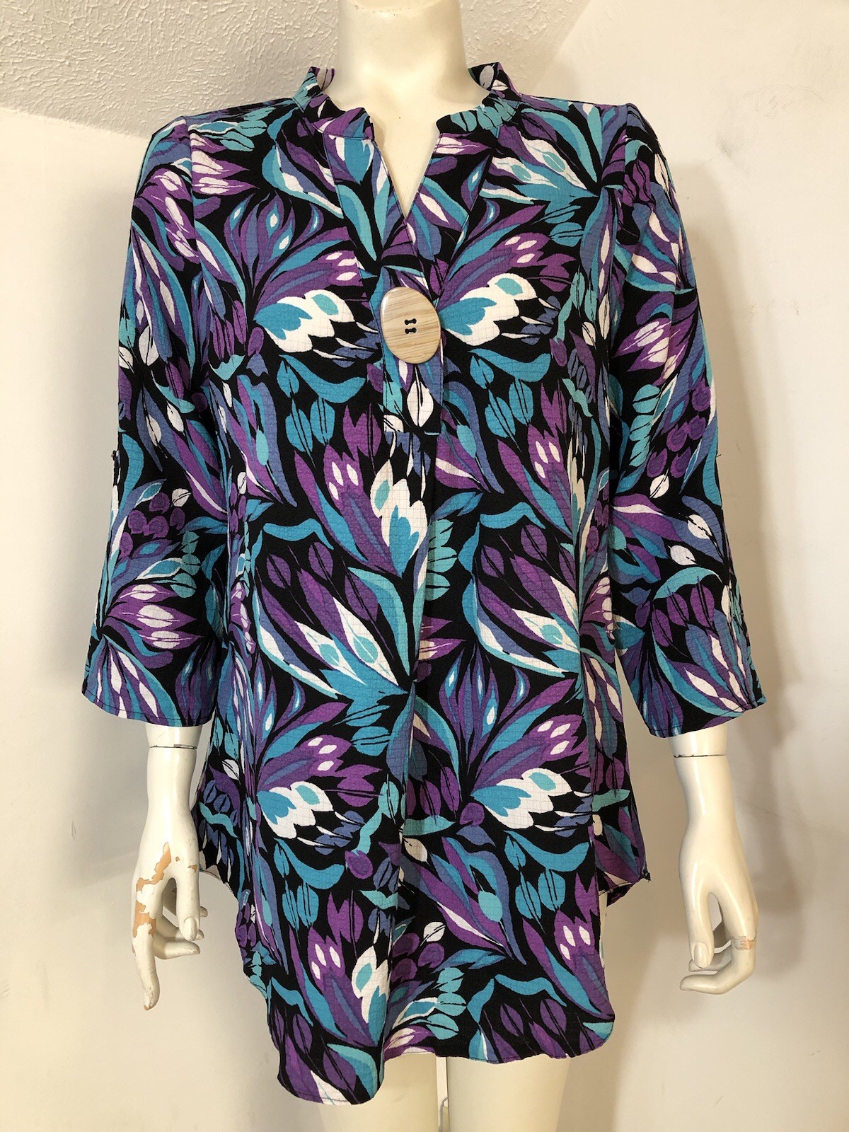 Rockmans New Womens 10 Popover Tunic Top Teal Purple Black Floral 3/4 Sleeve