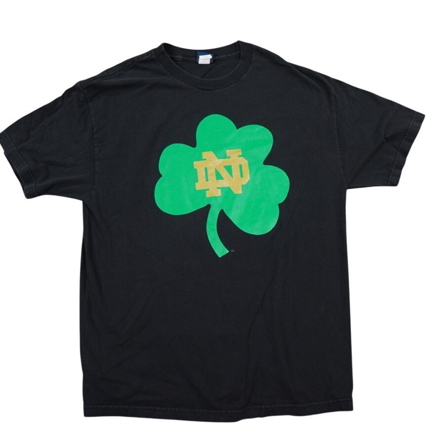 VTG Notre Dame Champs T Shirt Mens L Black Shamrock Logo Single Stitch Y2K