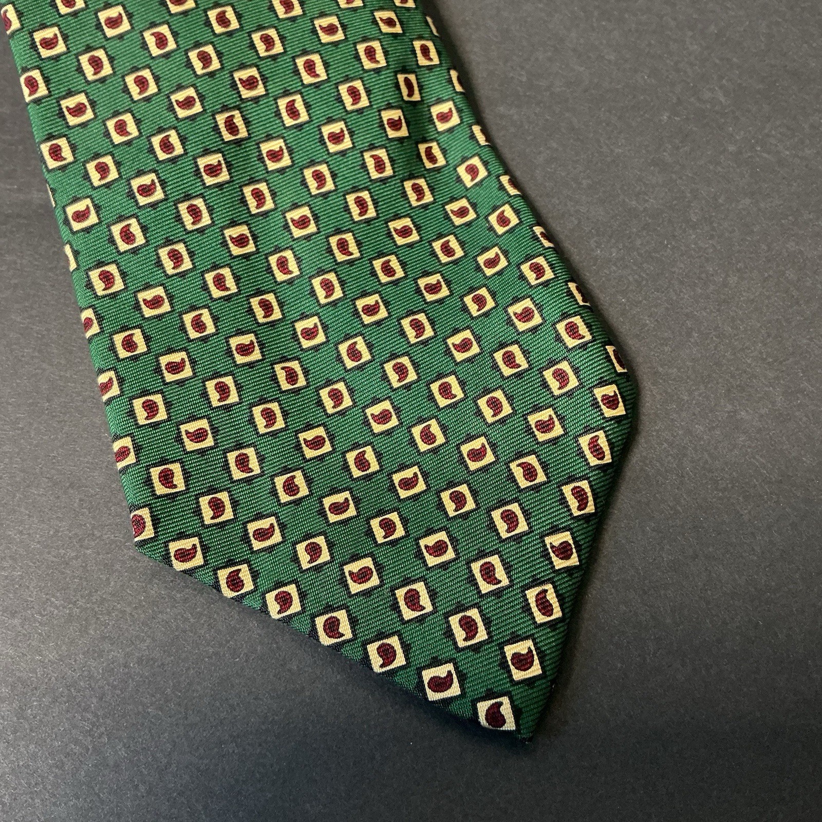 Vintage Polo Ralph Lauren Silk Tie Green Paisley Geometric Fall Preppy USA