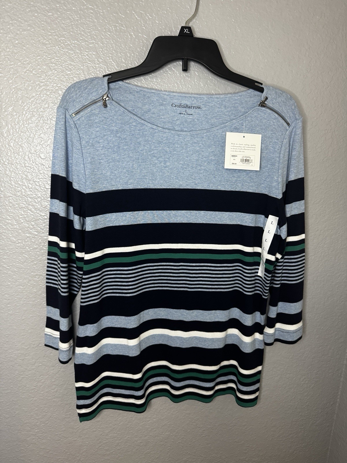 NWT Croft & Barrow Womens Top Large Blue Striped Zipper Shoulder 3/4 Sleeve Tee