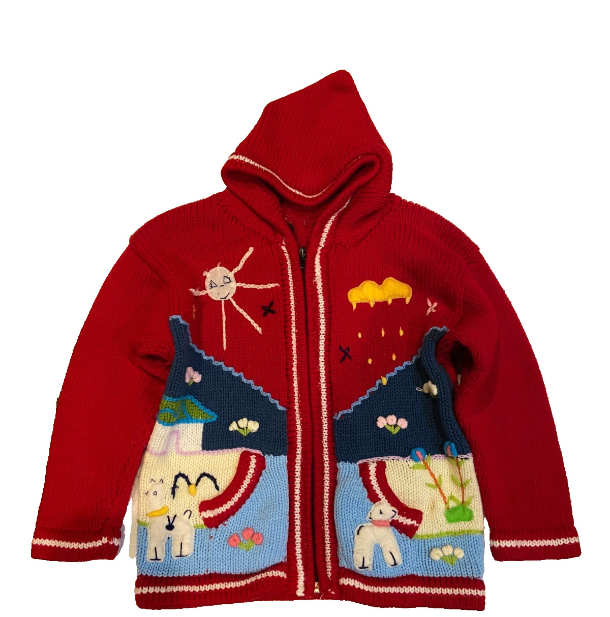 VTG Handmade Ecuadorian Wool Kids Hoodie Sweater Jacket Sun Cloud Red Size 3T/4T VTG Handmade Ecuadorian Wool Kids Hoodie Sweater Jacket Sun Cloud Red Size 3T/4T