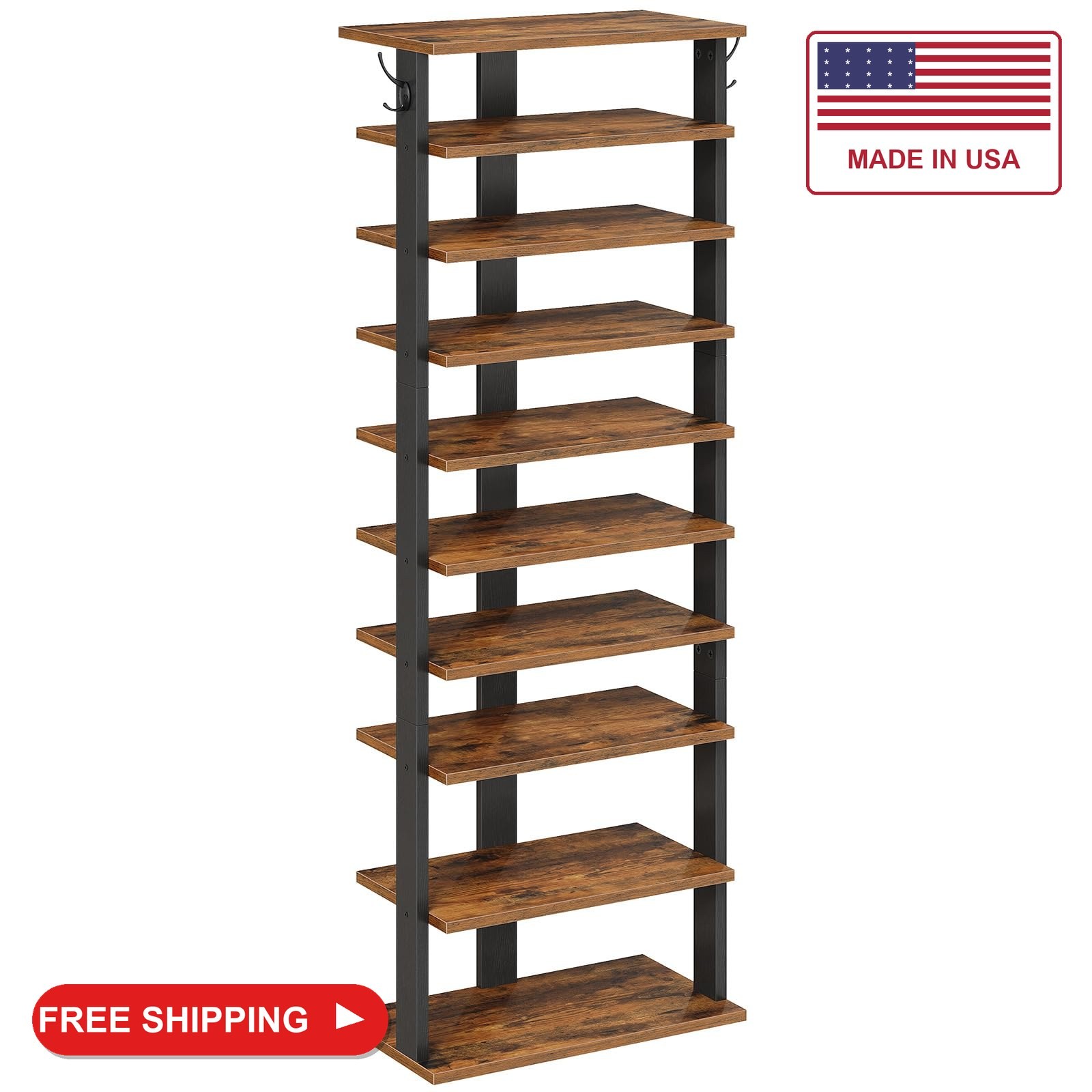 HOOBRO 10 Tiers Vertical Shoe Rack, Wooden Shoe Storage Organizer with Hooks, Na