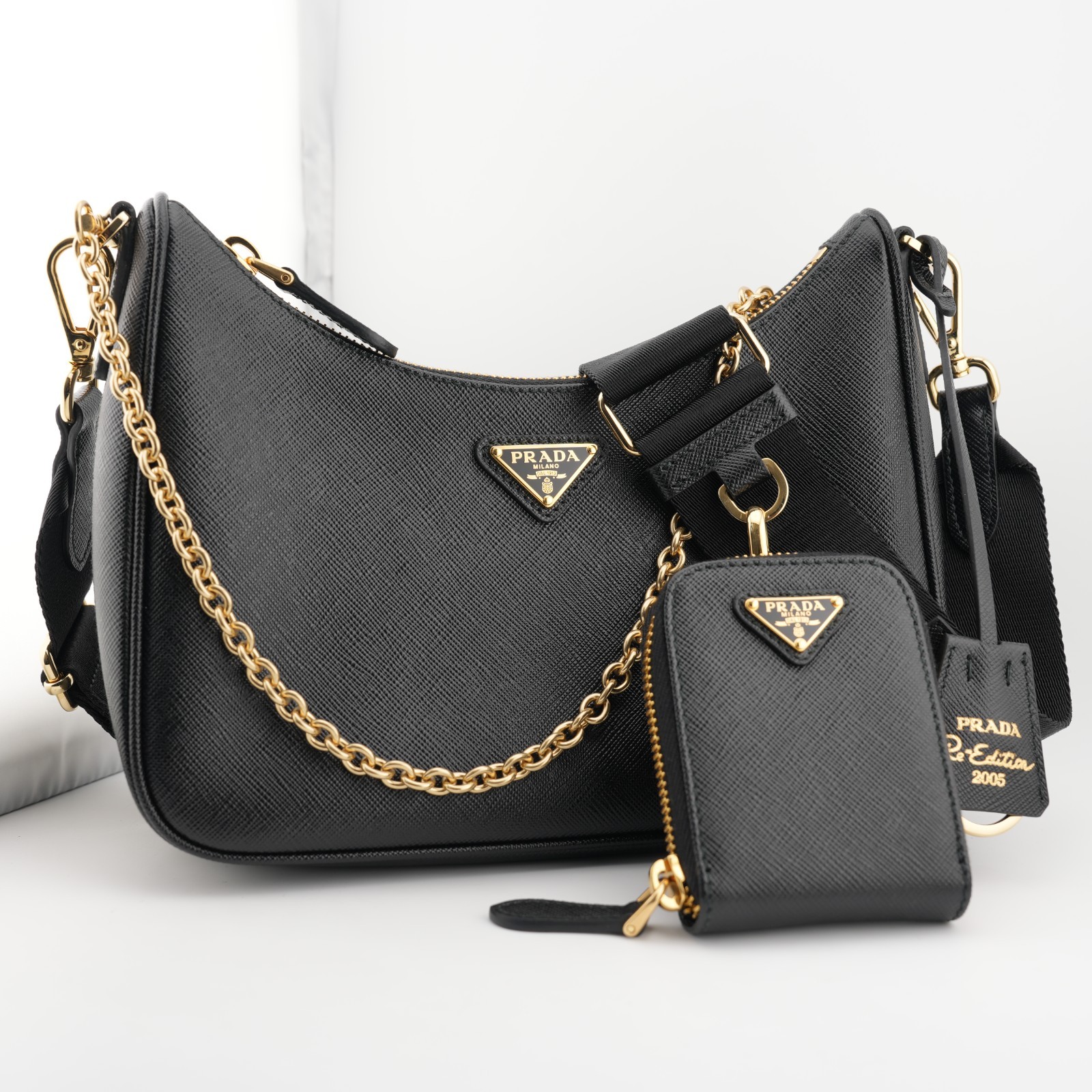 * PRADA Re-Edition 2005 Black Gold Saffiano Leather Shoulder Bag with Pouch