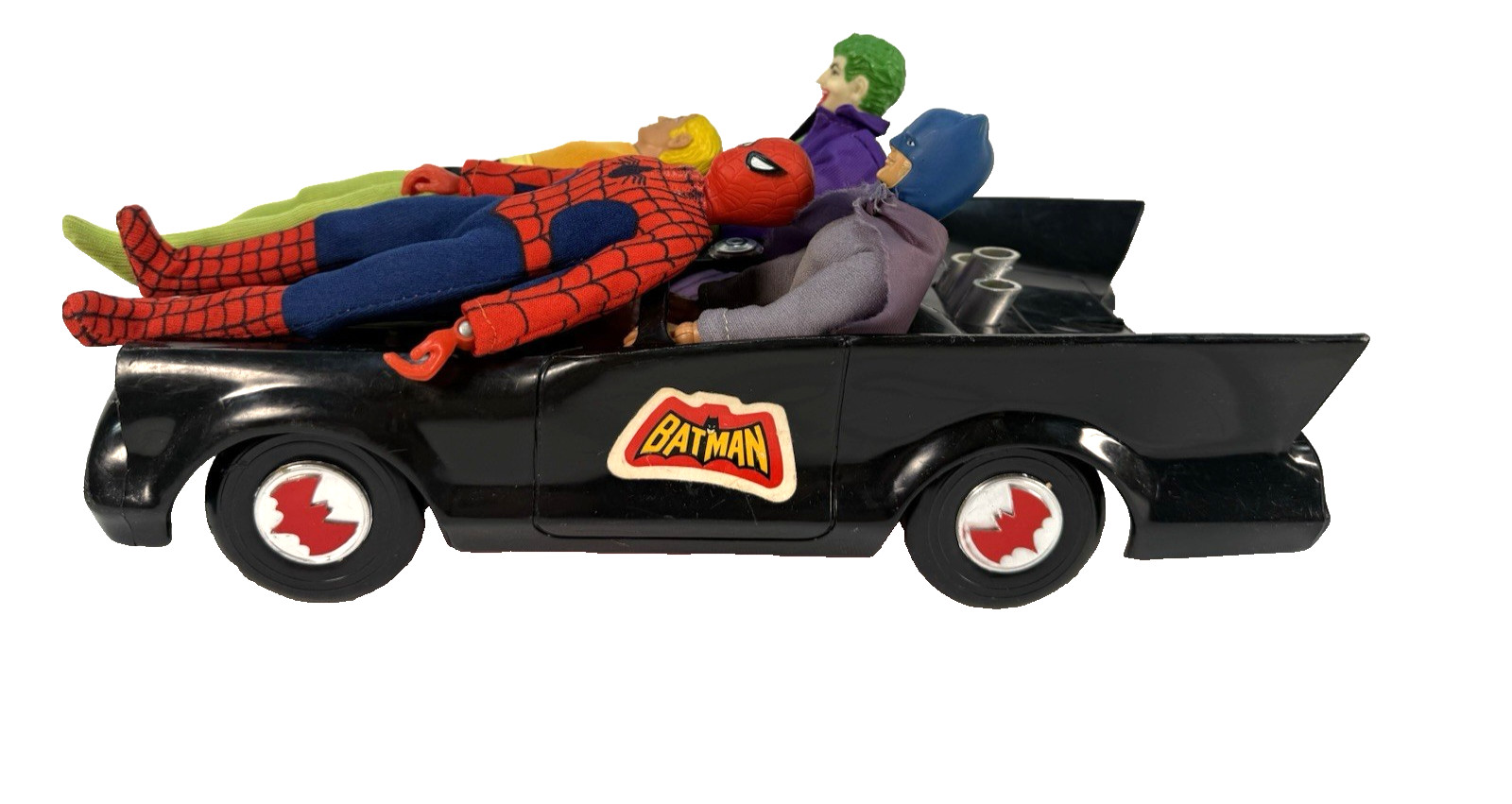 Vintage Mego WGSH 1974 Batmobile & 4 Action Figures Lot Batman Joker Spider-Man
