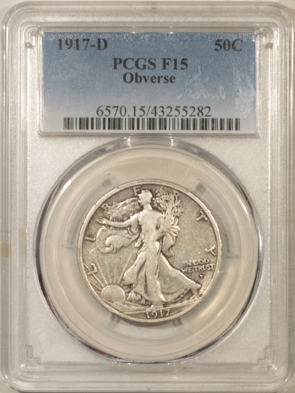 1917-D WALKING LIBERTY HALF DOLLAR, OBVERSE - PCGS F-15