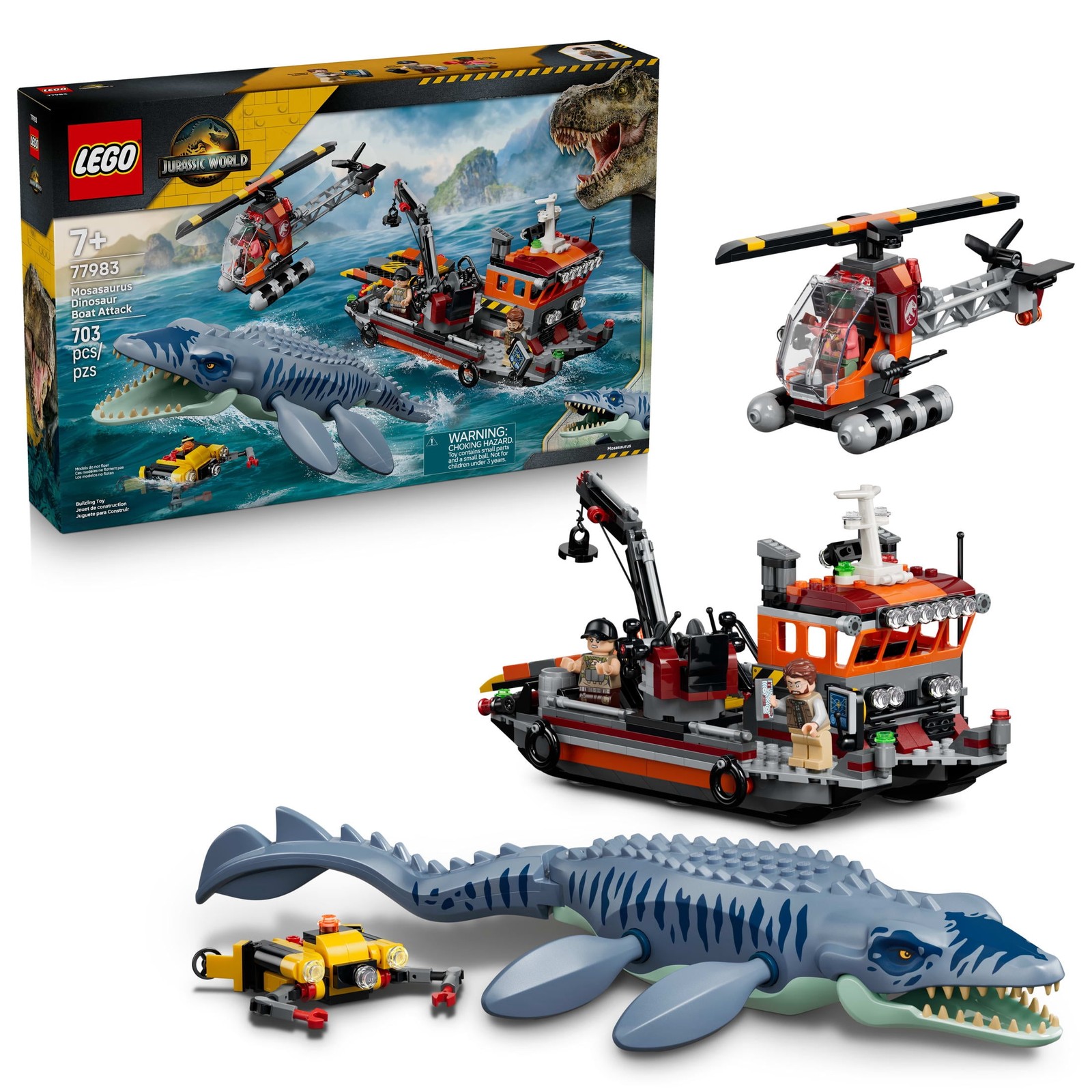 LEGO Jurassic World Mosasaurus Dinosaur Boat Attack Building Set, 703 Pieces,