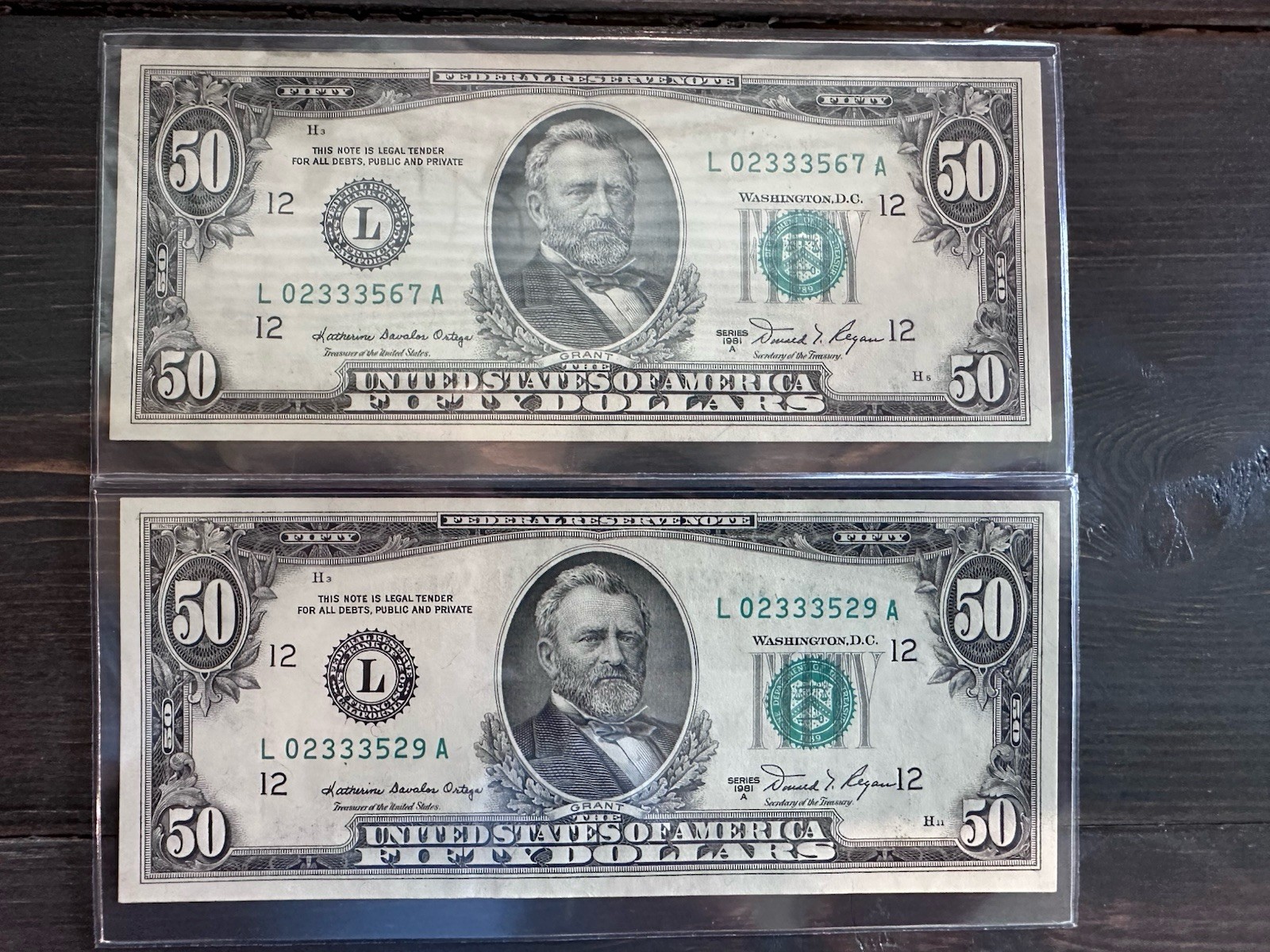 Lot of 2 1981 A $50 dollar bills (L) San Francisco almost uncirculated  Lot of 2 1981 A $50 dollar bills (L) San Francisco almost uncirculated 