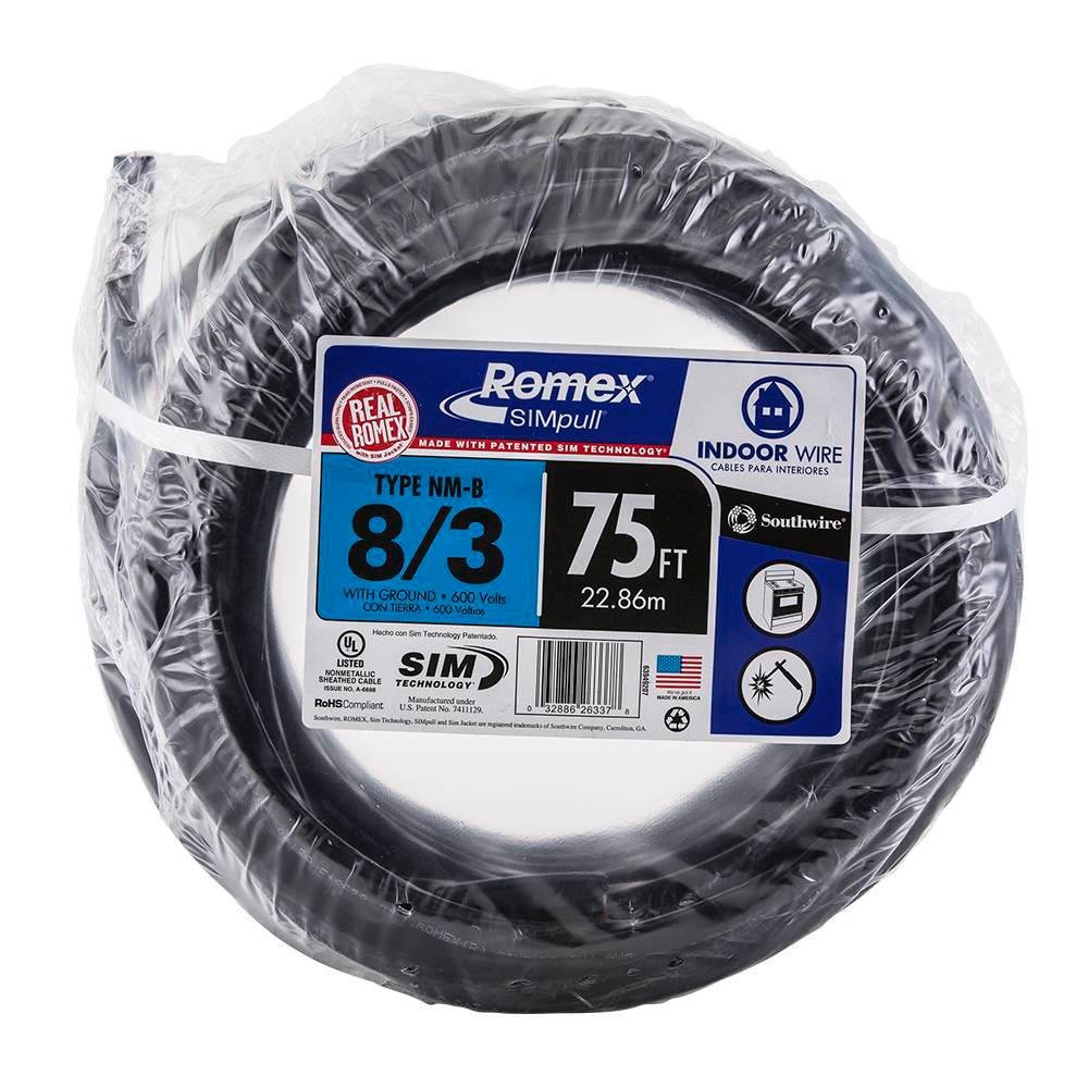 75 Ft. 8/3 NM-B Stranded Indoor Residential Electrical Wire - Black