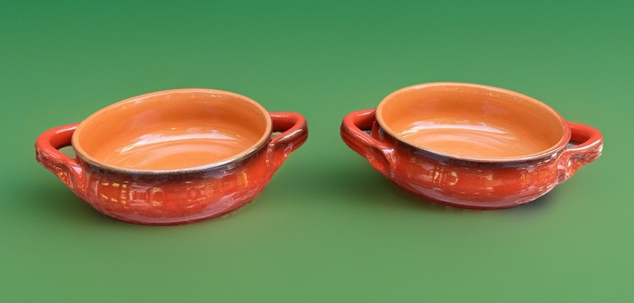 Set Of 2 DE SILVA Red Glazed Terracotta Pottery Oven Handled Soup Bowls Italy