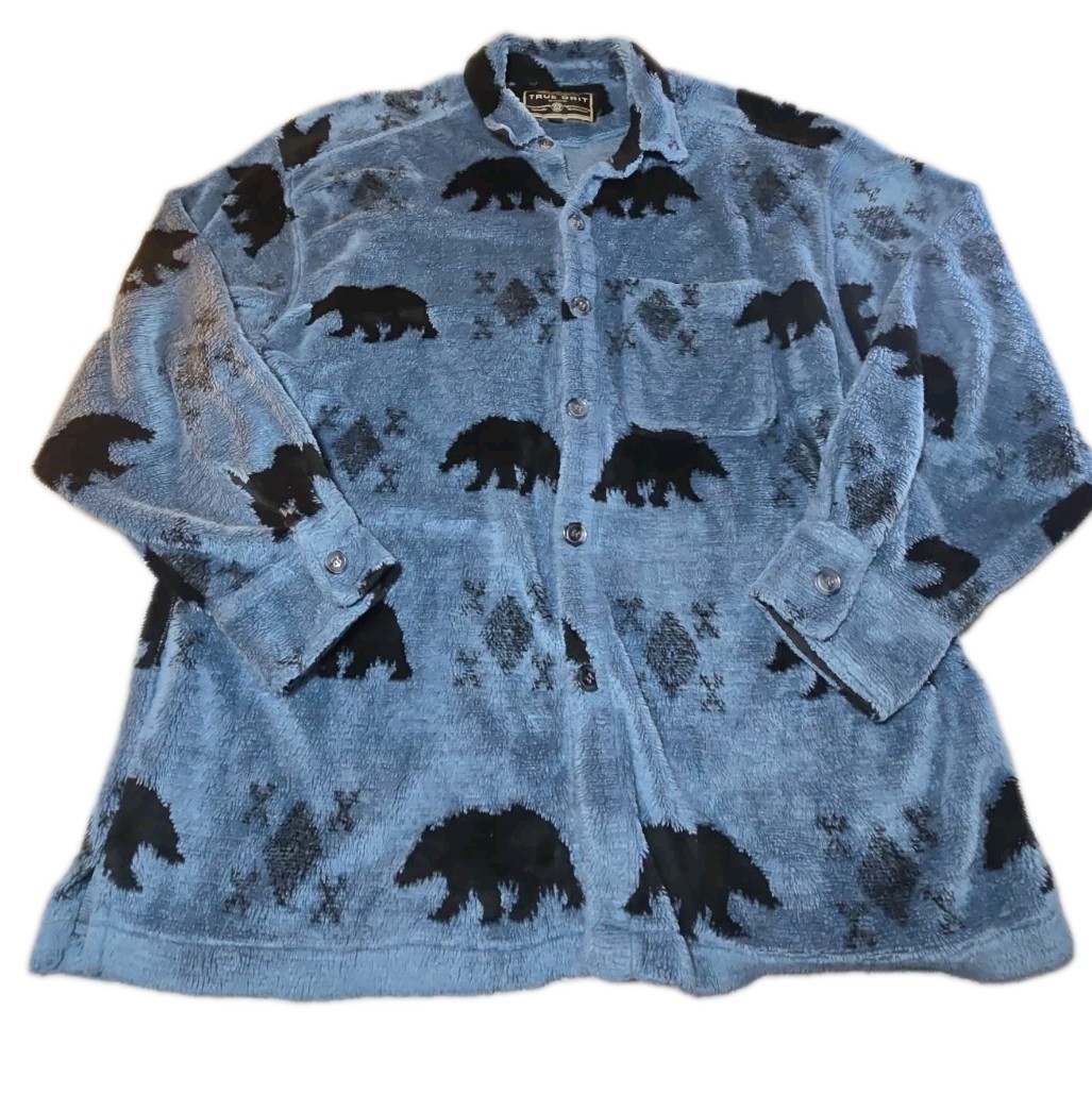 True Grit Fleece Shirt Jacket Mens XL Blue Black Bear Cabin Sherpa Shacket Vtg