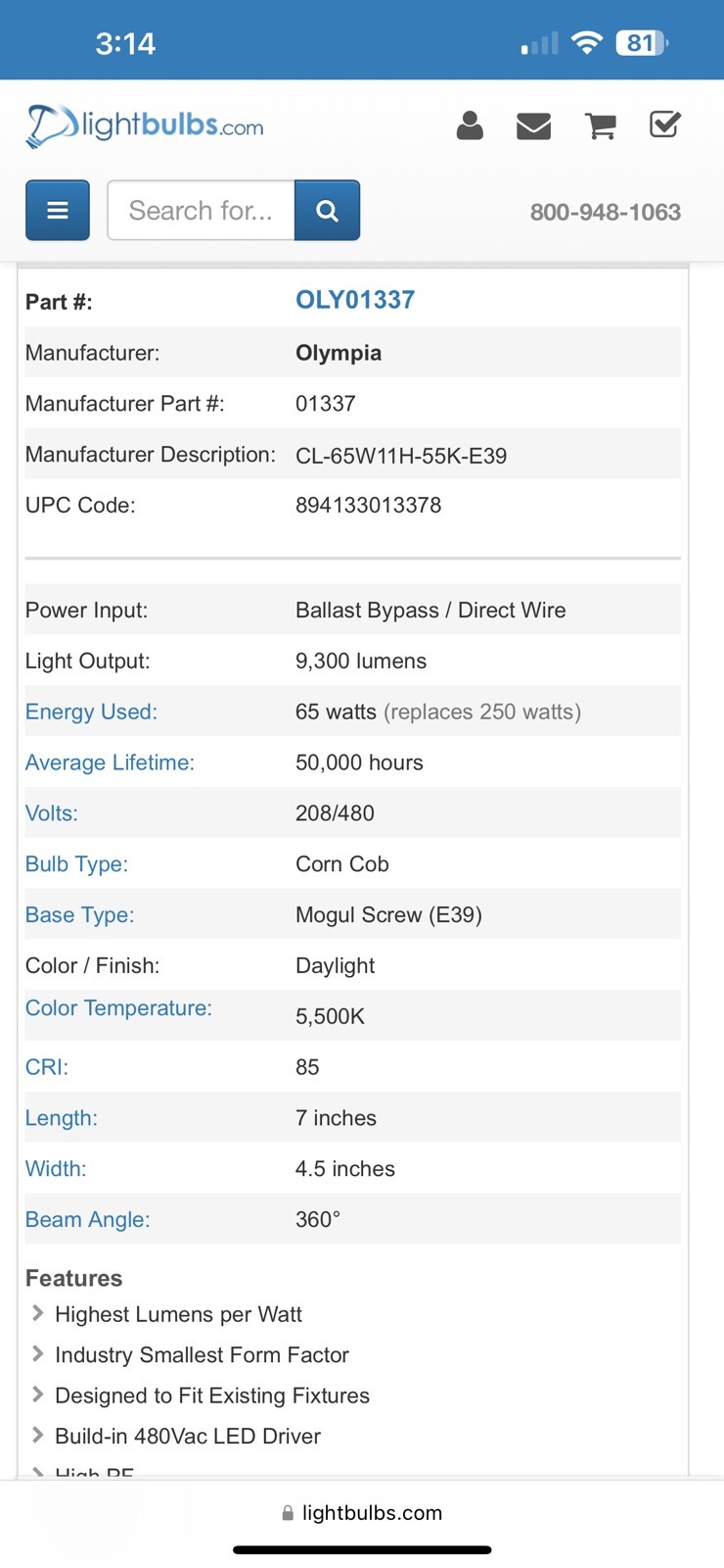 Olympia High Voltage 208-480v Cluster LED Retrofit. NEW 65 Watts Mogul  New X2