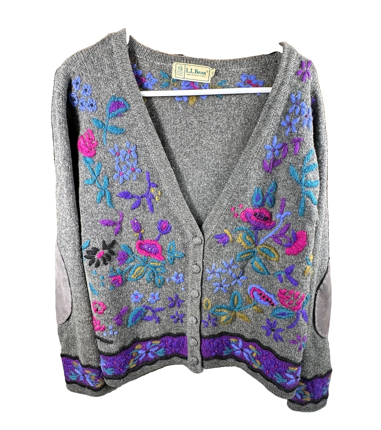 VTG L.L. Bean Womens M 100% Wool Cardigan Sweater Embroidered Elbow Patches 80’s
