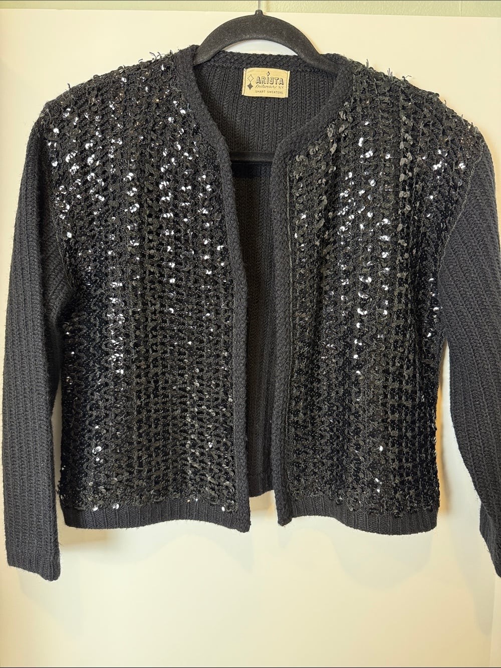 ✨Vintage 60s 70s Arista Knitwear NY Black Sequin Embellished Cardigan Size M EUC