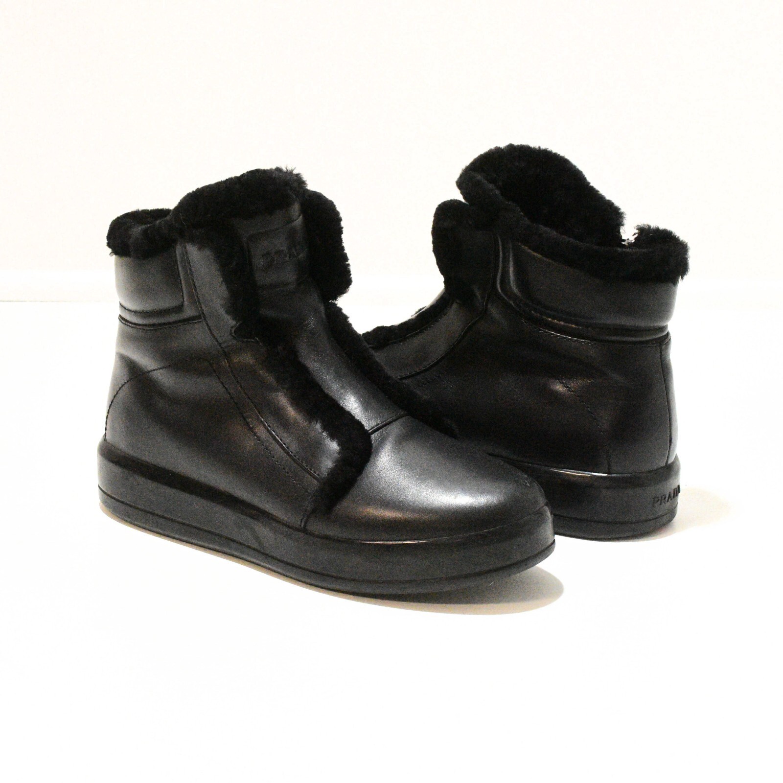 Prada Sport Boots 3T6245 Womens 39 Black Leather Shearling Lined Sneaker Bootie