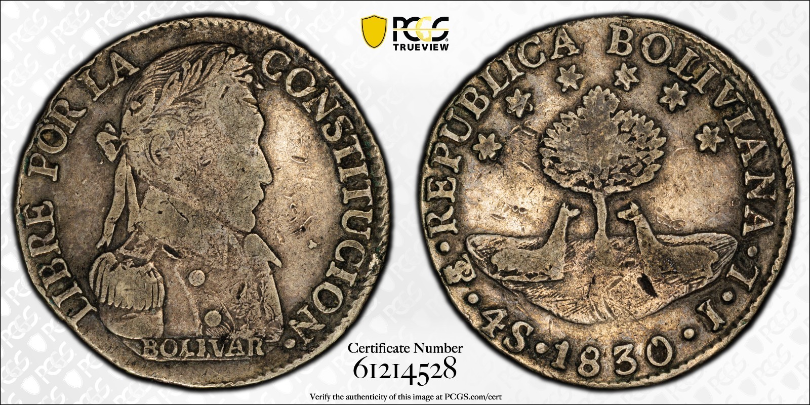 1830 PTS JL Bolivia 4 Soles Silver Coin – PCGS VF25 – Potosí Mint – KM#96a.1