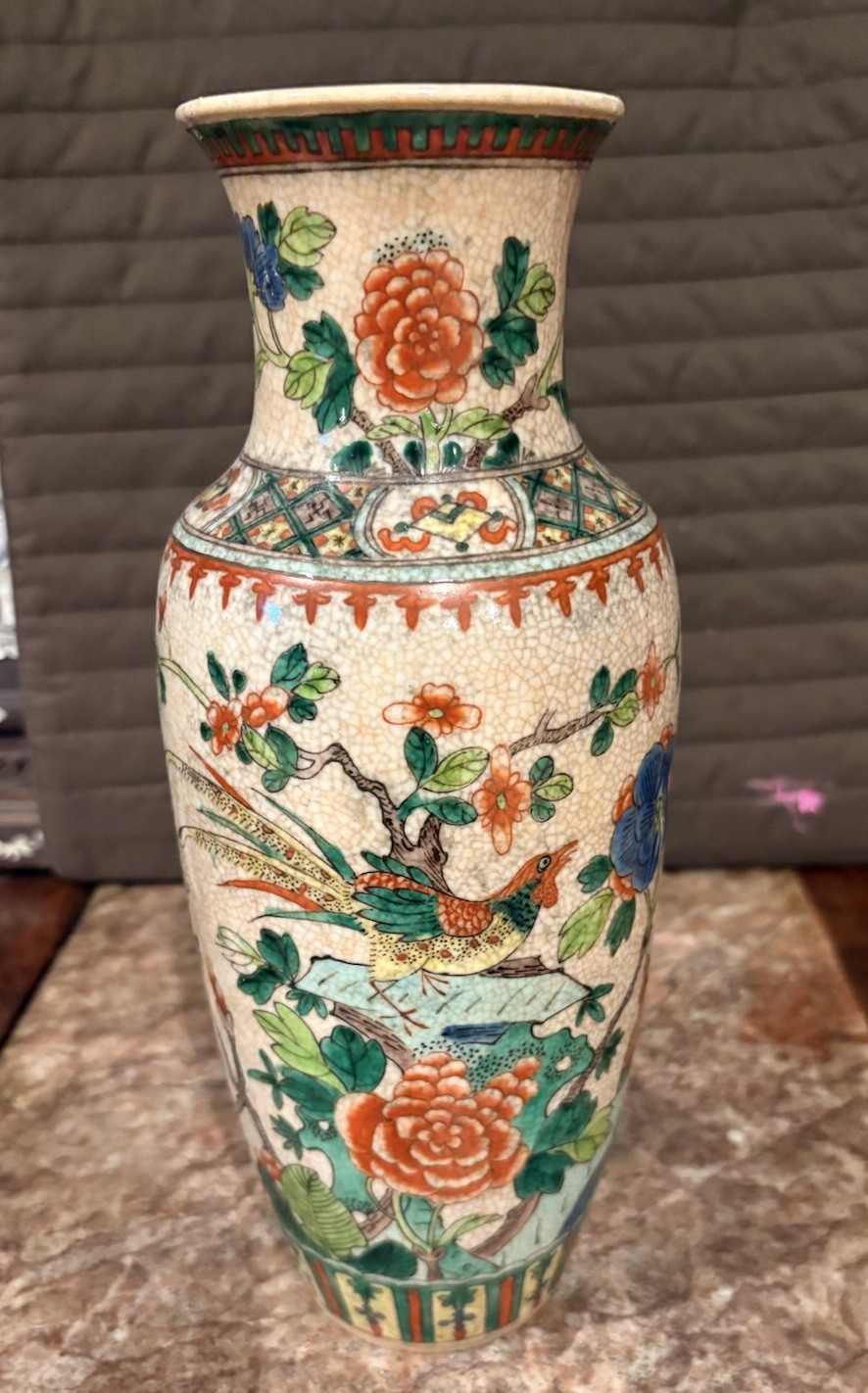 Vintage Chinese Famille Rose Porcelain Vase, Marked China 11” Drilled