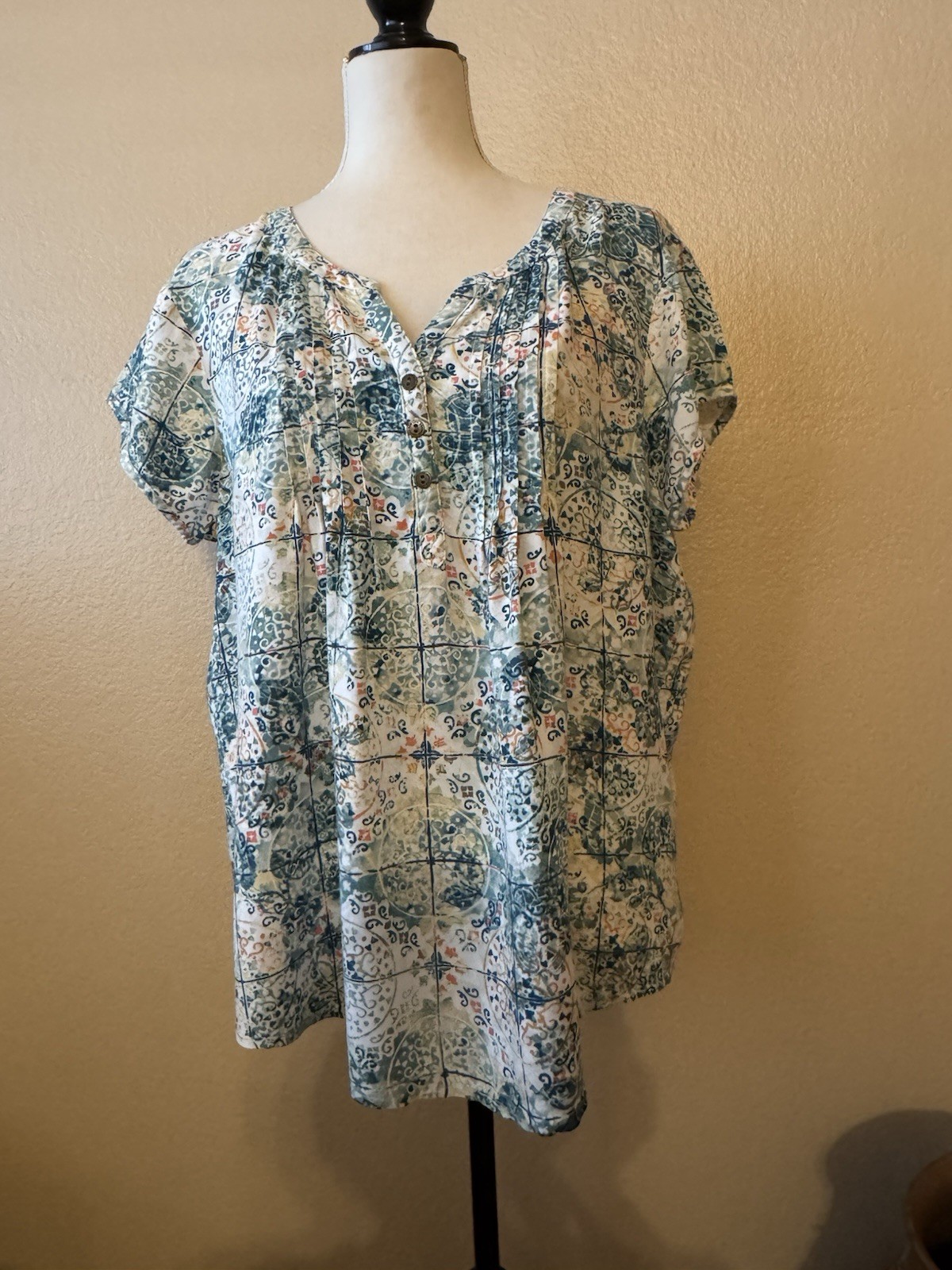 Sonoma Womens Green Multi Henley Pintuck Pleated Short Sleeve Top Blouse Size L