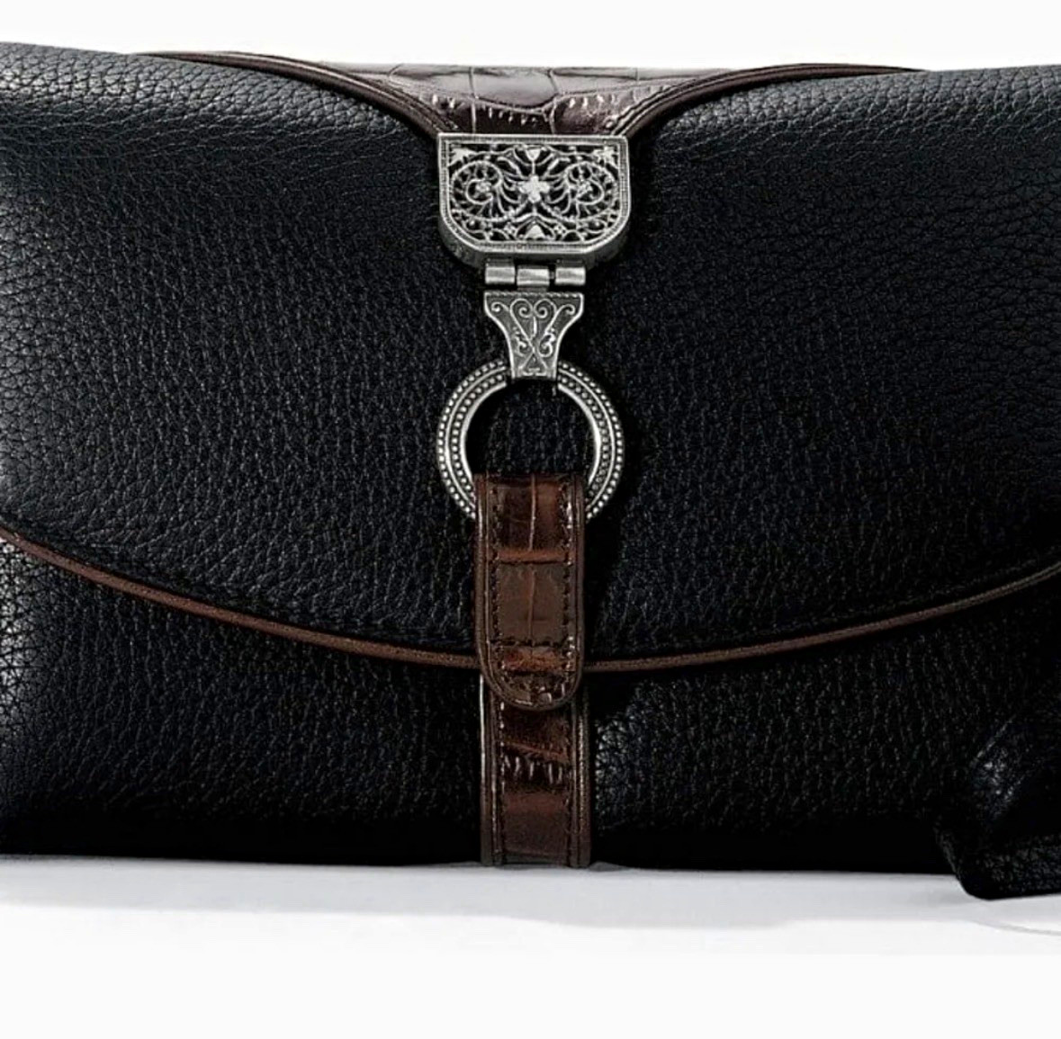 Brighton Nepal Organizer Women’s Shoulder Bag Black/choc Pebbled Silver Buckle