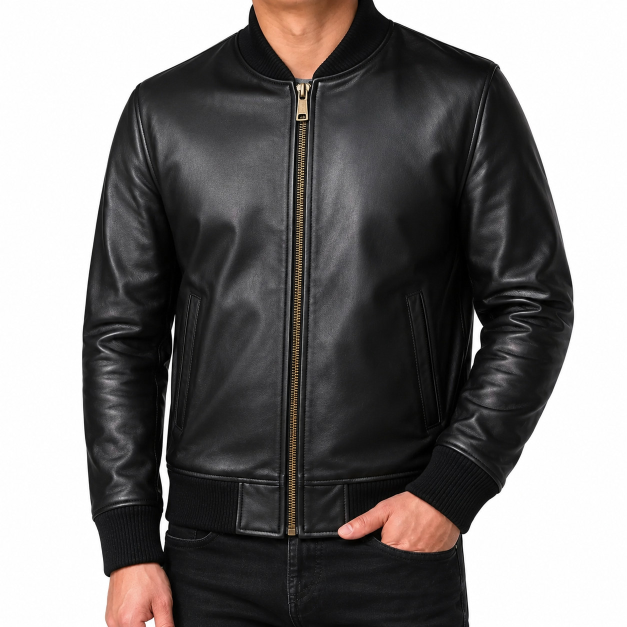 Men's Black Genuine Lambskin Leather Bomber Jacket Antique Brass Zipper Casual