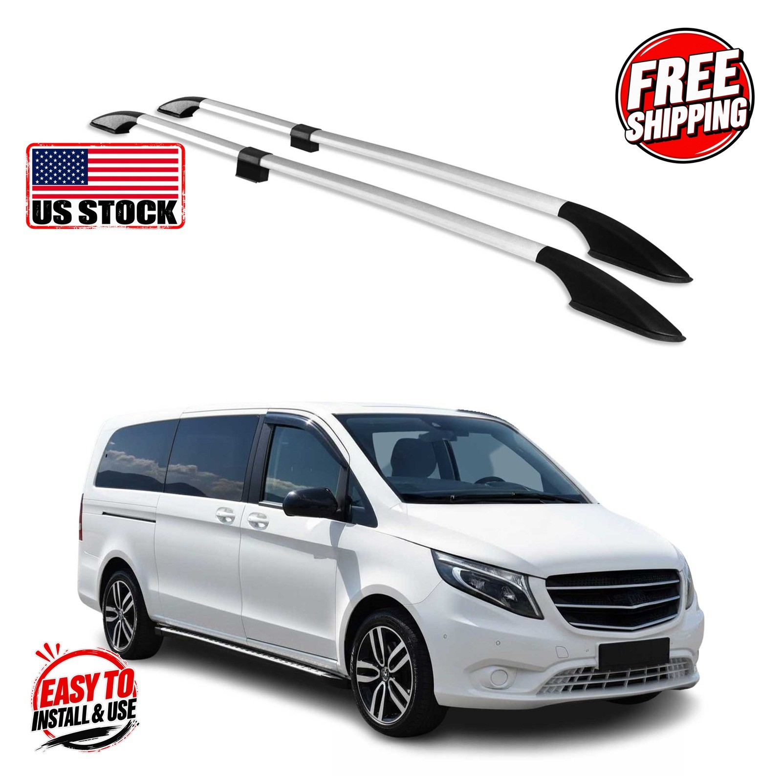MERCEDES VITO W639 W447 2003+ L3 Long Roof Rails Solid Alu Gray 2 Pcs