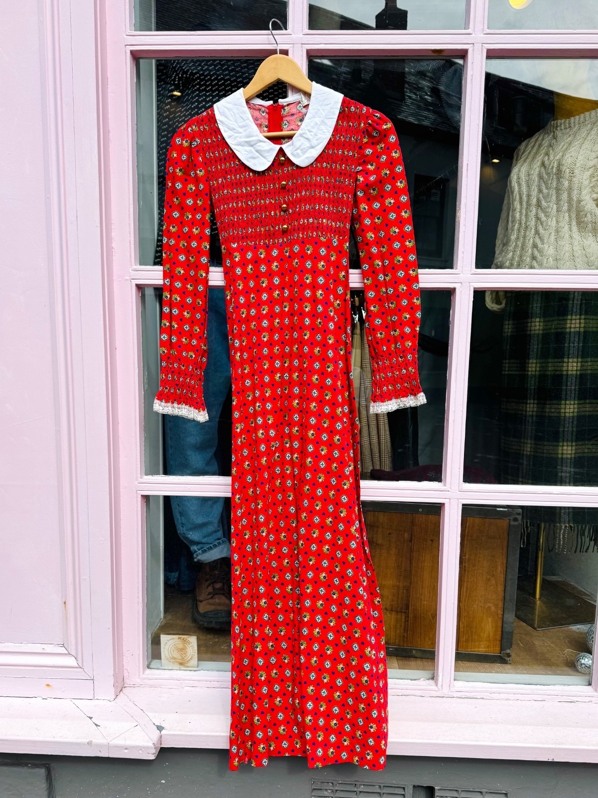 Vintage 60s Red Floral Maxi Dress Smock